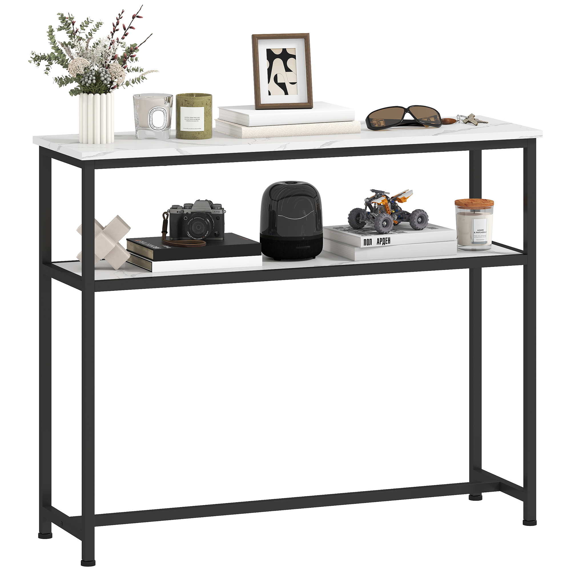 HOMCOM Console da Ingresso Stretta con Superficie Effetto Marmo Mensola Aperta e Struttura in Metallo 100x30x81 cm Bianco   Aosom Italy