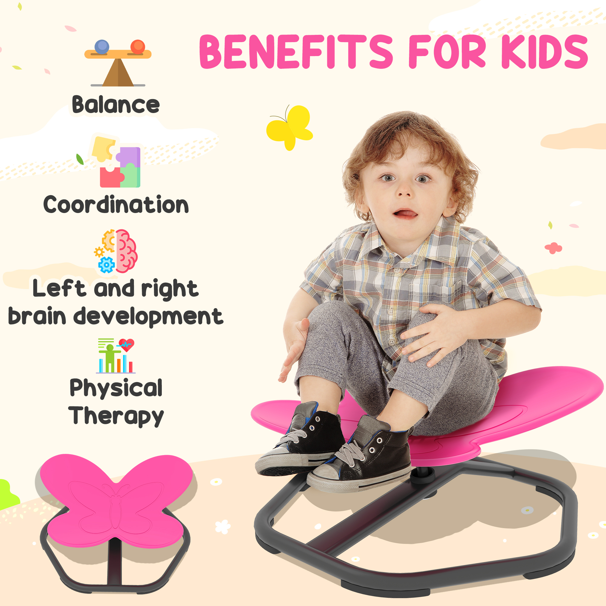 AIYAPLAY Butterfly-Shaped-kids Swivel Chair, Sensory Spinning Chair for Balance, Coordination Training, Pink 4