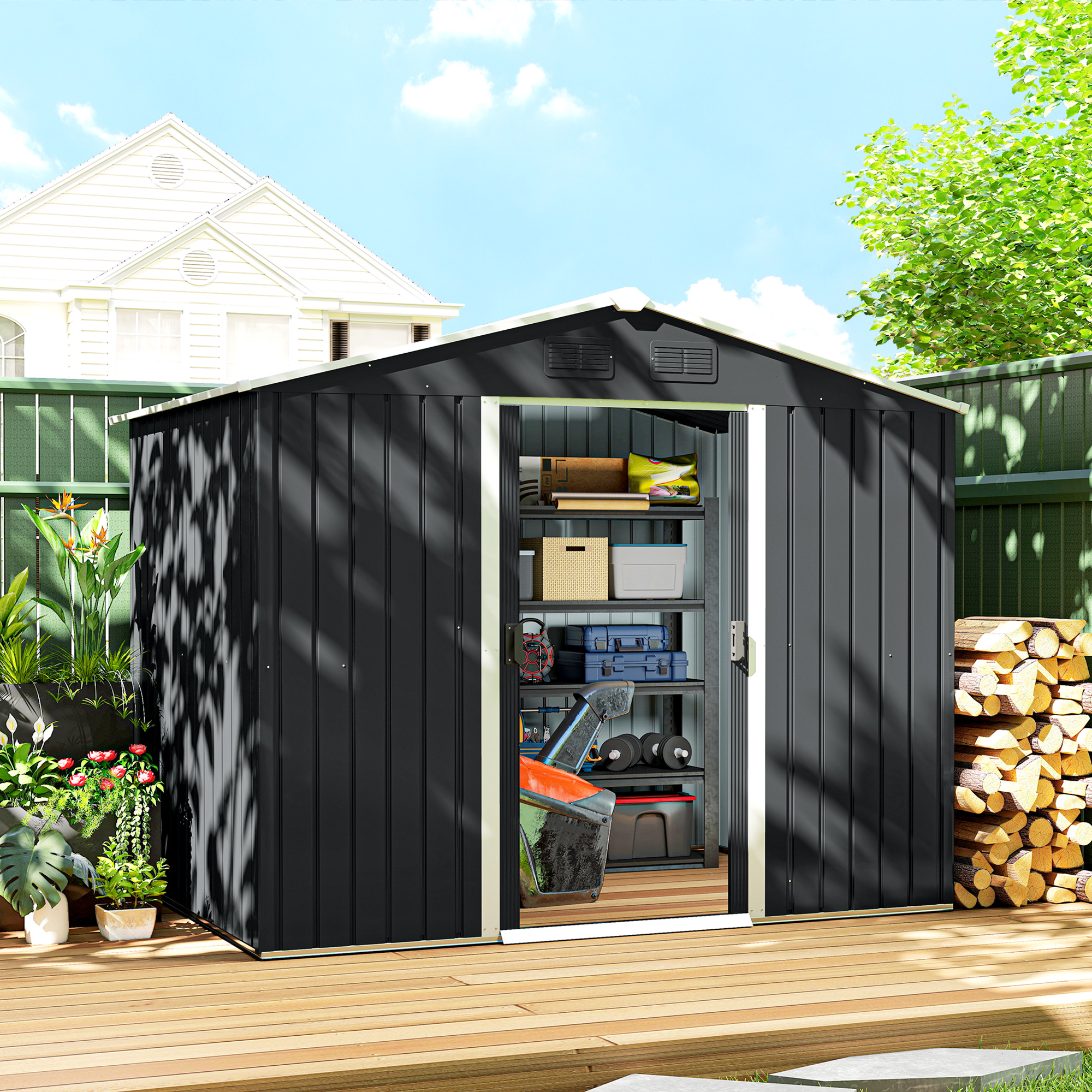 Outsunny 7.7 x 5.7ft Metal Garden Shed, Galvanised Outdoor Tool Storage House with Ventilation Slots and Sliding Doors, Grey 2