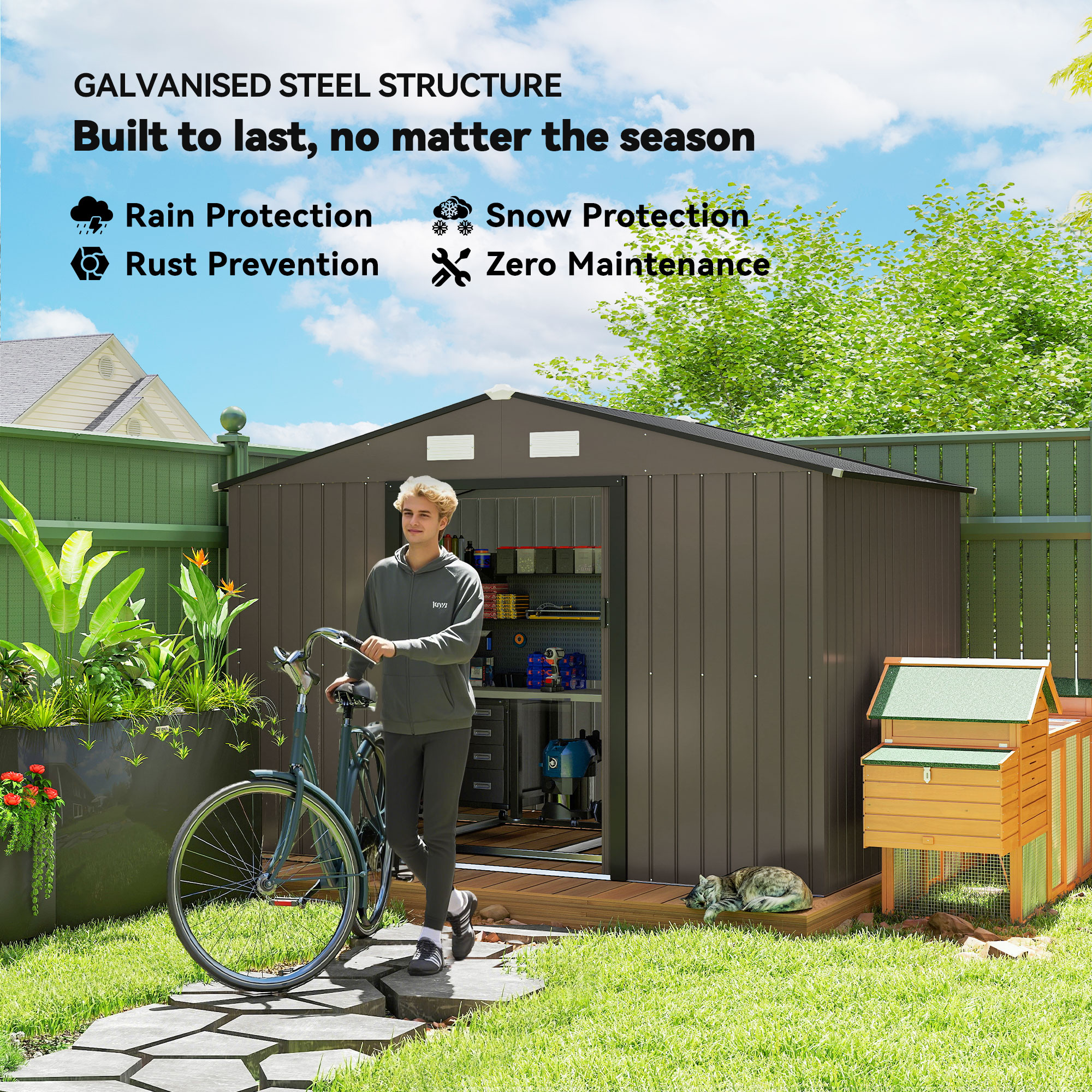 Outsunny 9 x 6ft Metal Garden Shed, Outdoor Storage Tool House with Ventilation Slots, Foundation Kit and Lockable Double Doors, Brown 4