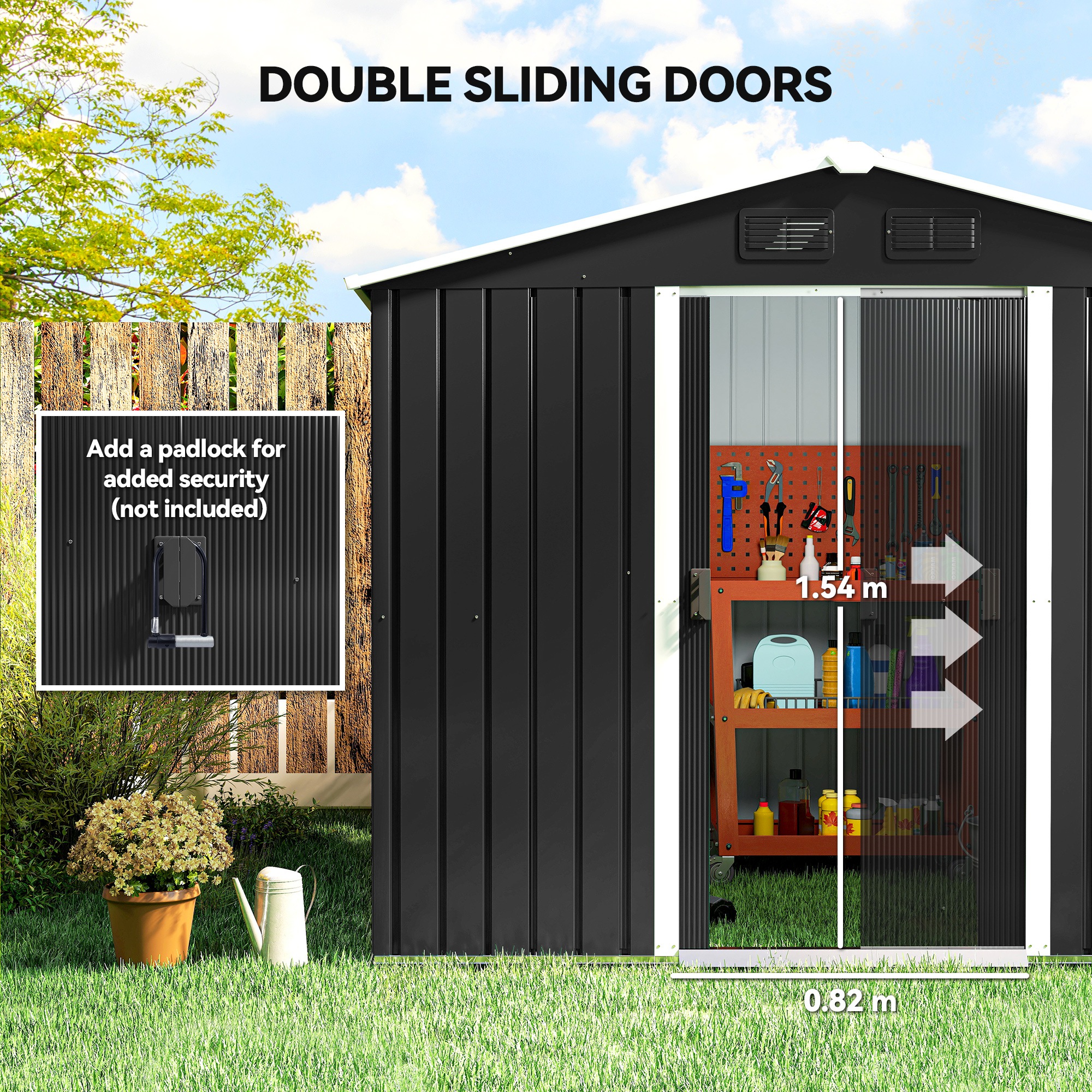 Outsunny 7.7 x 5.7ft Metal Garden Shed, Galvanised Outdoor Tool Storage House with Ventilation Slots and Sliding Doors, Grey 5
