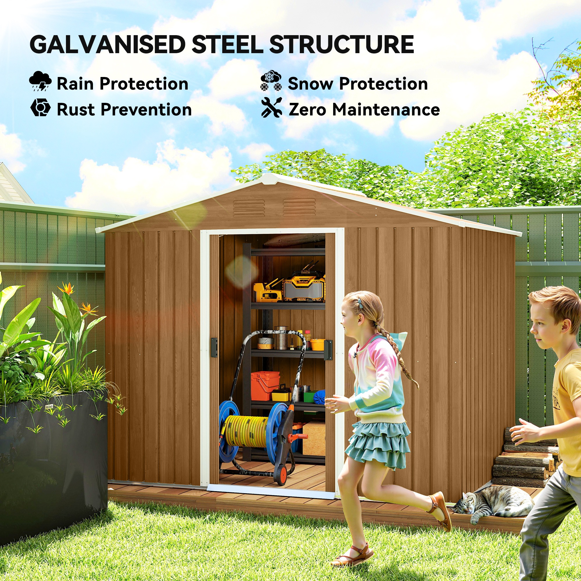 Outsunny 8 x 6ft Galvanised Steel Shed, with Double Door Brown 4