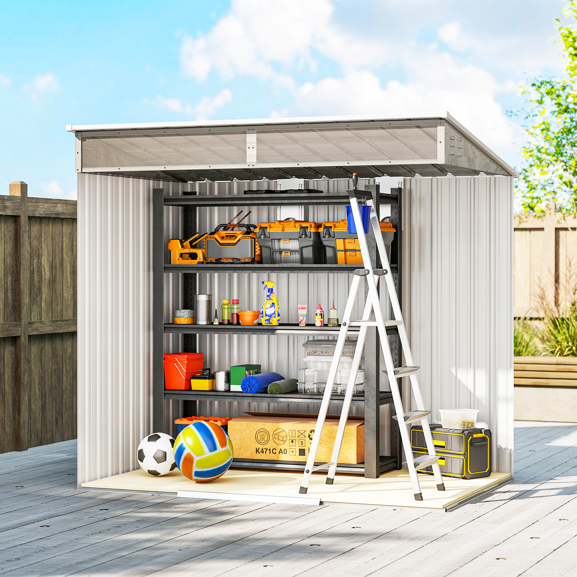 Outsunny 6.5 x 4FT Galvanised Metal Shed with Foundation Kit, Lockable Tool Garden Shed with Double Sliding Doors, Vents, Light Grey Wood Effect 8