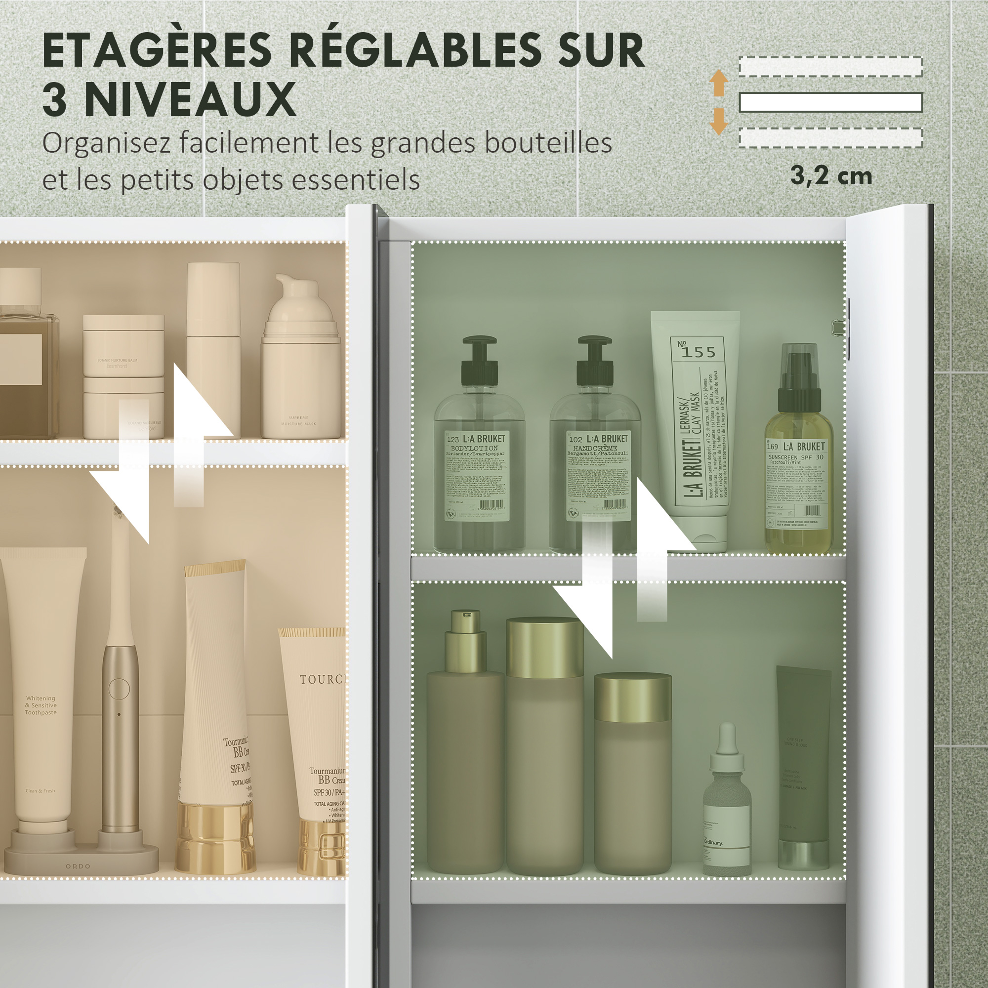 HOMCOM Meuble Salle De Bain Avec Miroir, Placard à Portes Et 6 Compartiments Ouverts 60 X 14 5 X 49 4 Cm Noir~1un9i1eg1m801