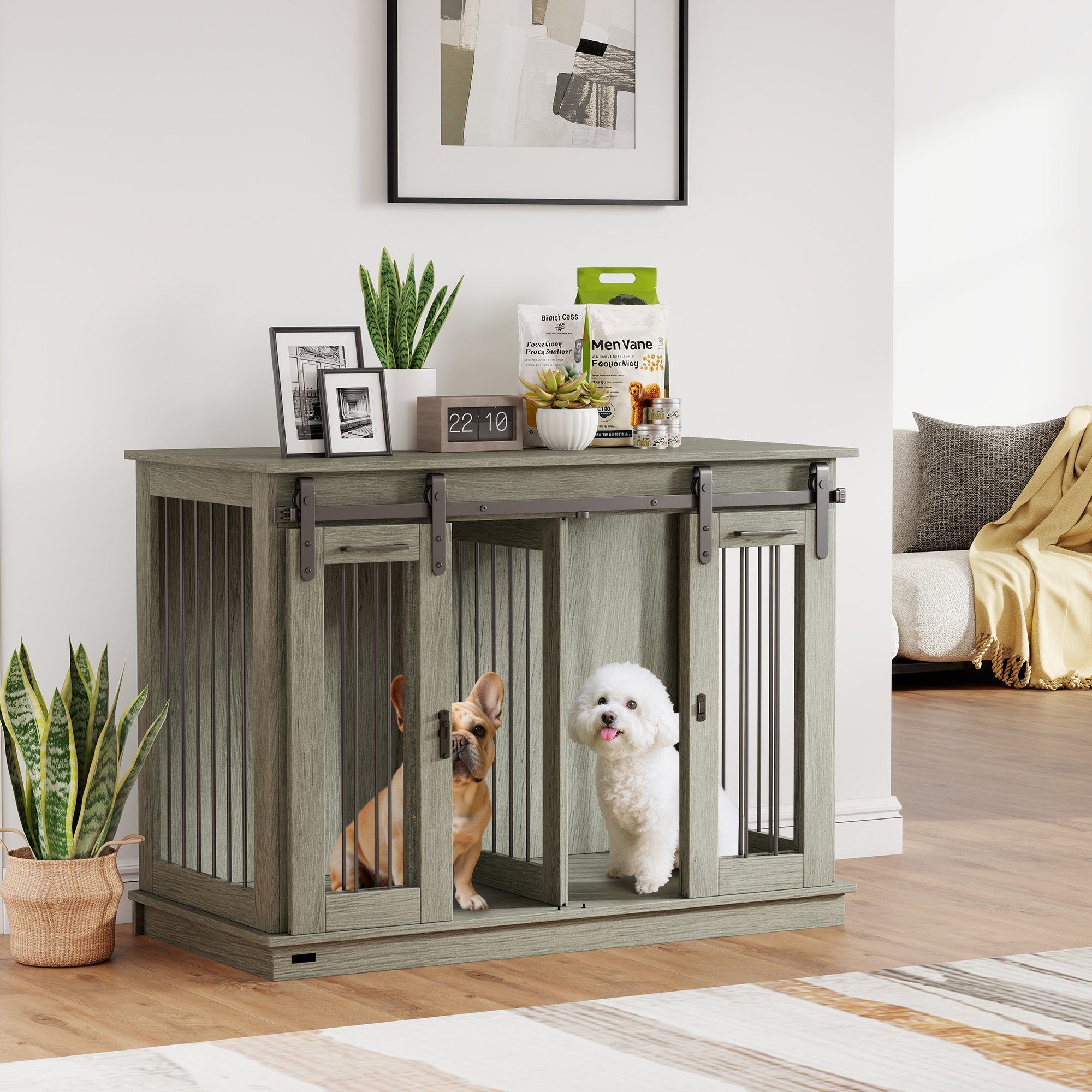 PawHut Dog Crate Furniture for Large Dogs, Double Dog Cage for Small Dogs, with Divider Grey 2
