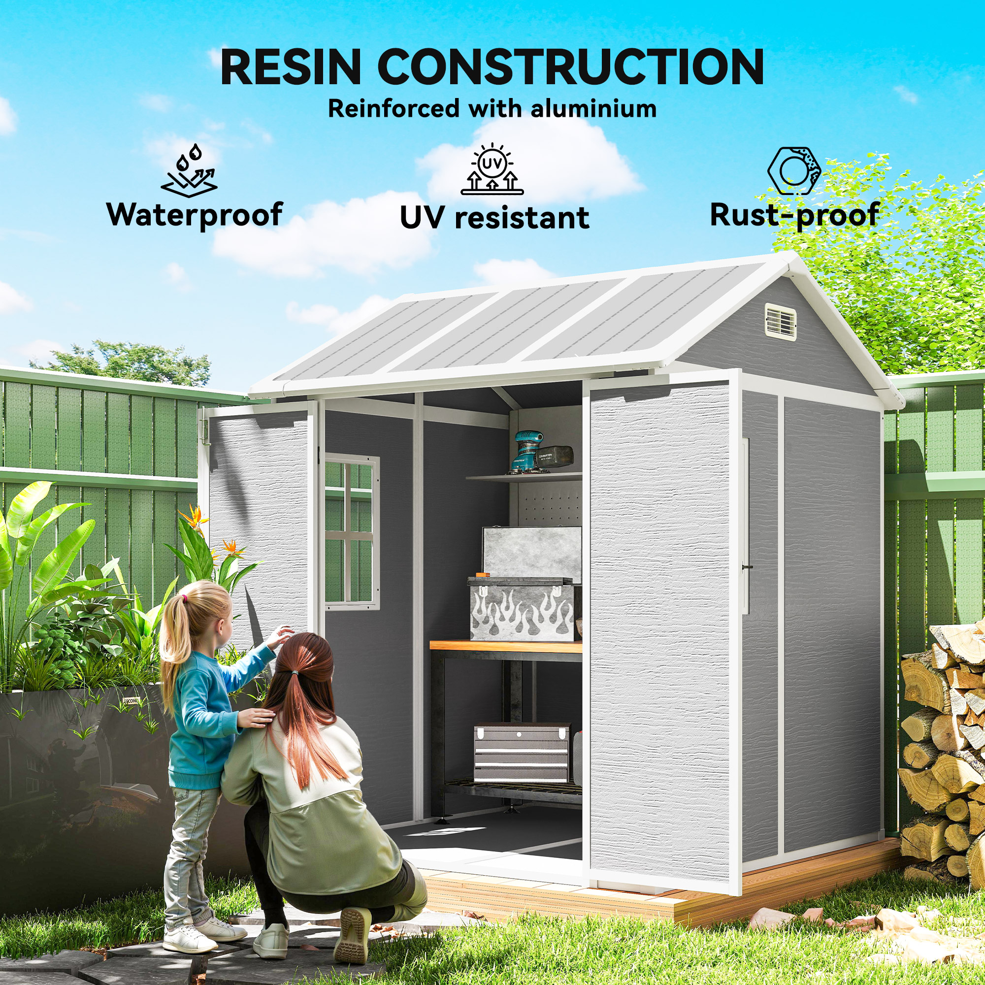 Outsunny 6 x 6ft Garden Shed with Floor, Window, Lockable Doors and Vents, Wood Effect Resin Tool Shed for Outdoor Patio, Grey 5