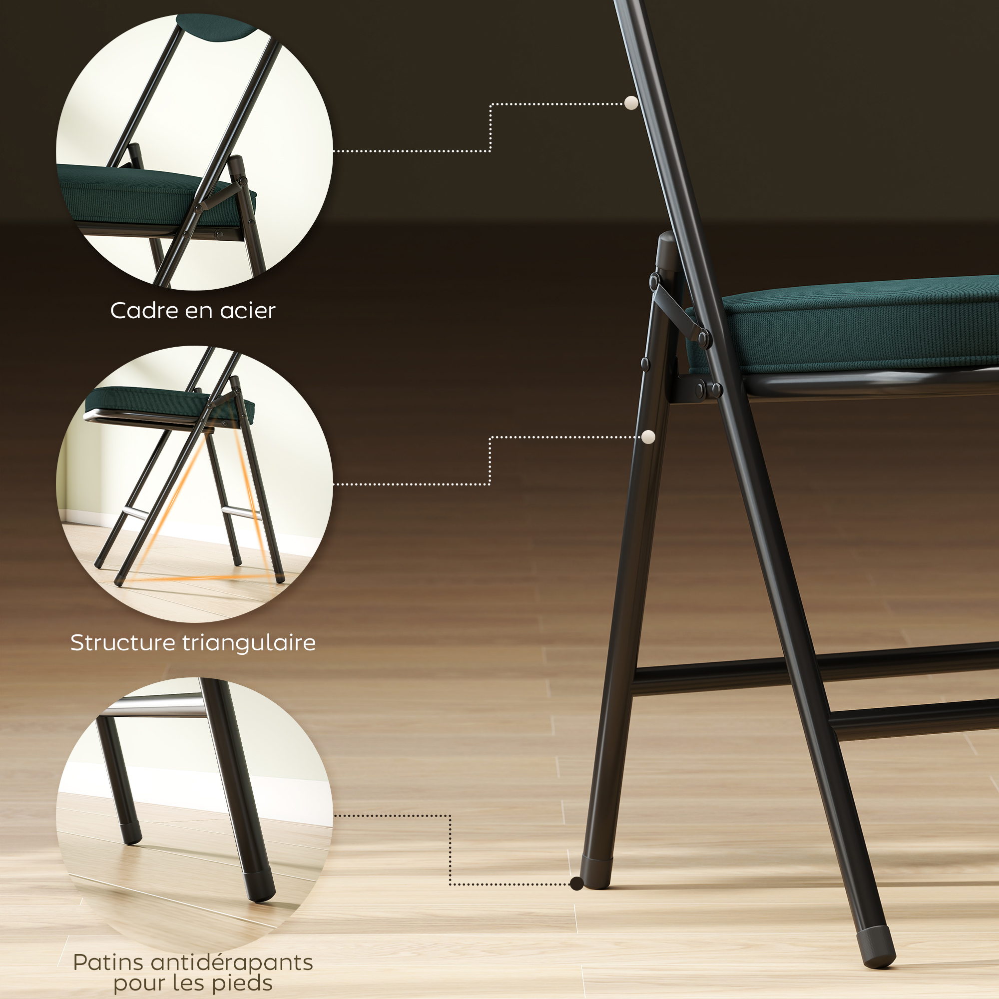 Lot De 4 Chaises Pliantes En Velours Côtelé - Structure Acier - Charge 120 Kg - Pour Salle à Manger, Bureau, Maison - 6