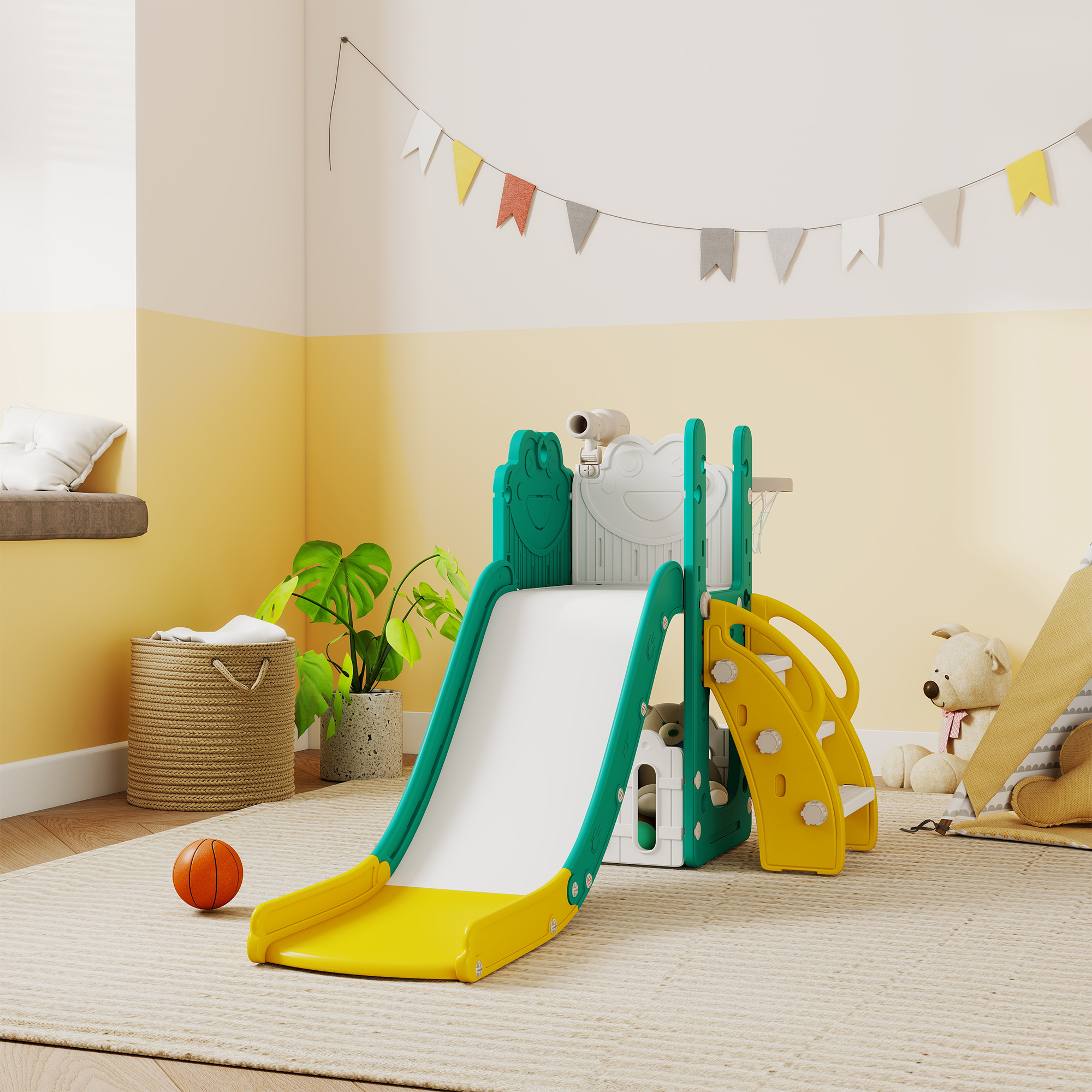 Scivolo 8 In 1 Per Bambini 1-5 Anni, Con Canestro, Telescopio, Tunnel E Scalatore, Gioco Da Interno/Esterno, Plastica PE Sicura - 5