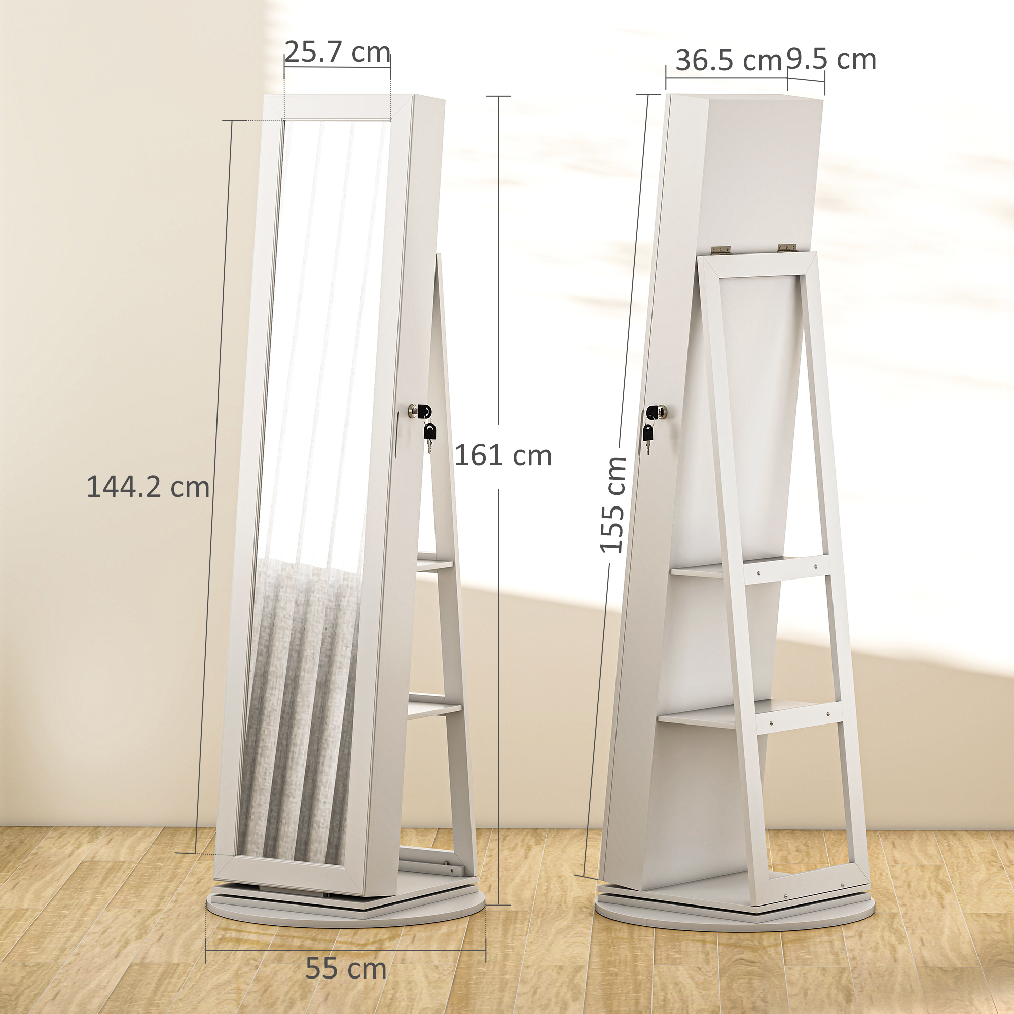  Dulap pentru Bijuterii 3 in 1 Rotativ la 360°, Rafturi din Spate si Usa cu Cheie, 55x55x161 cm, Alb [2]