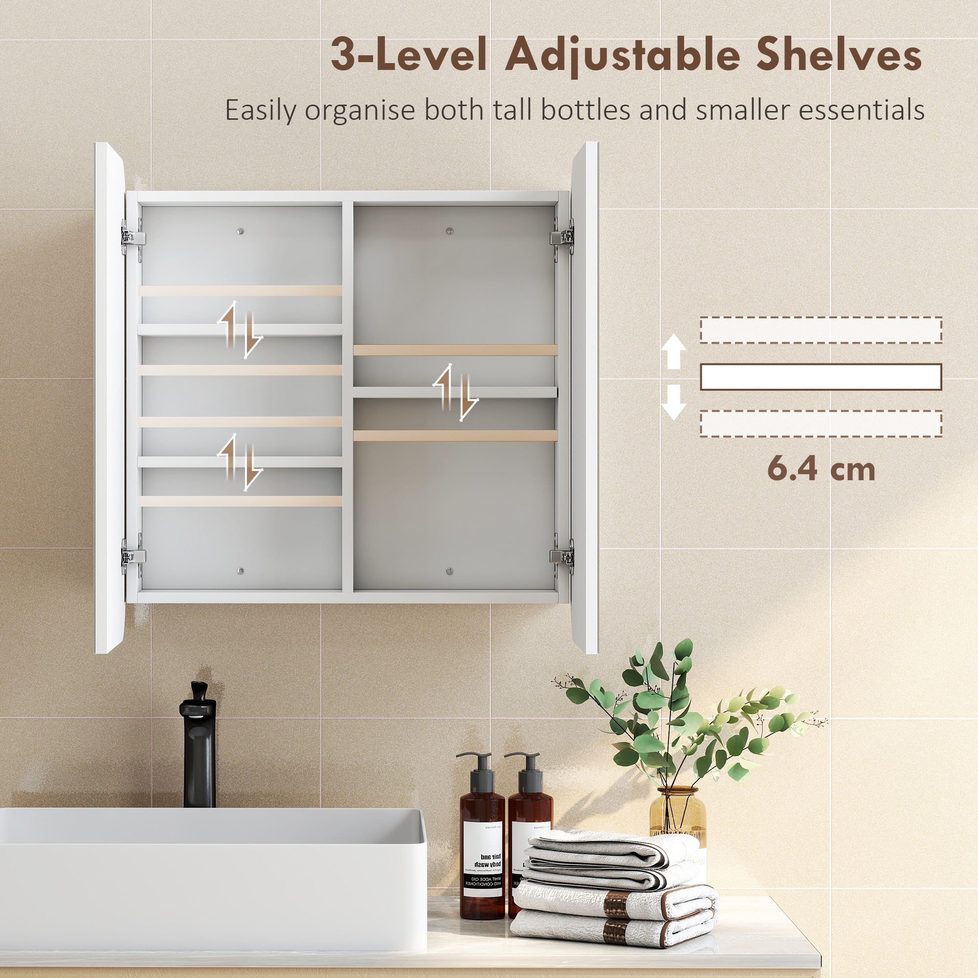 HOMCOM Arched Bathroom Mirror Cabinet with Adjustable Shelves White 6