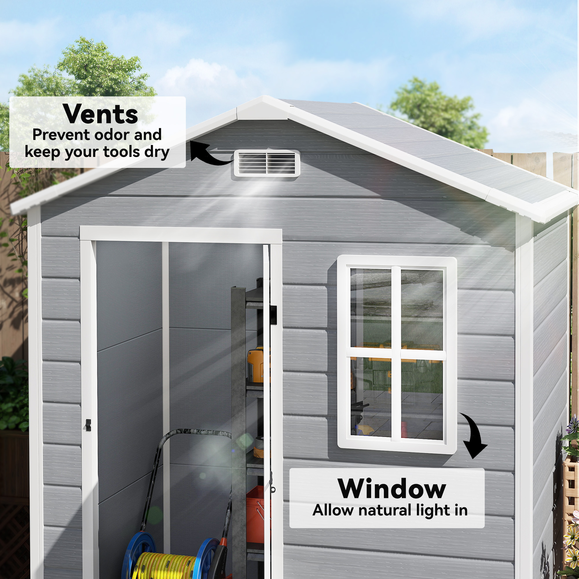 Outsunny 6 x 4ft Garden Shed, Plastic Shed with Floor, Window, Lockable Door and Vents, Wood Effect Resin Tool Shed for Outdoor, Grey 7