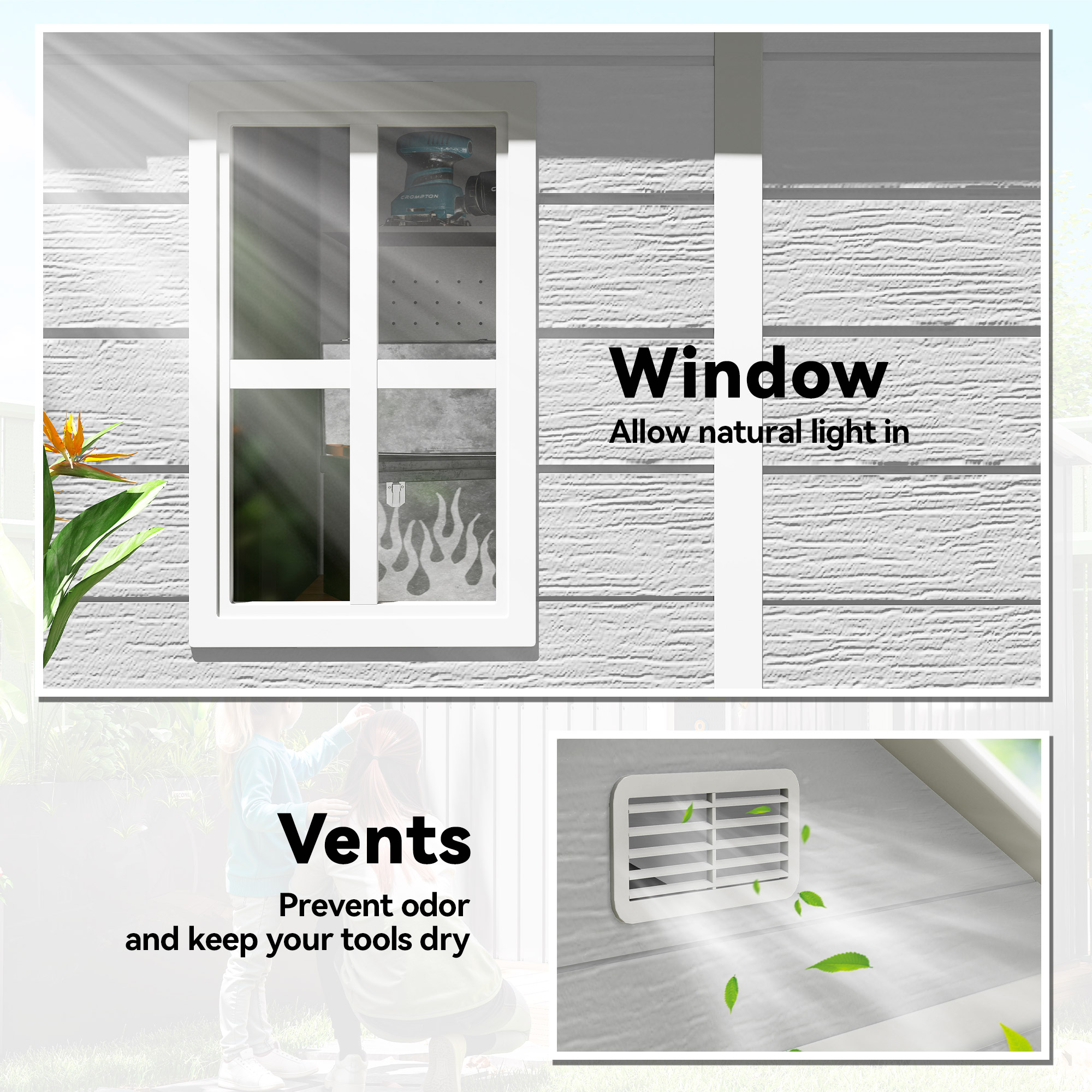 Outsunny 6 x 5ft Garden Shed, Plastic Shed with Floor, Window, Lockable Doors and Vents, Wood Effect Resin Tool Shed for Outdoor Patio, Light Grey 7