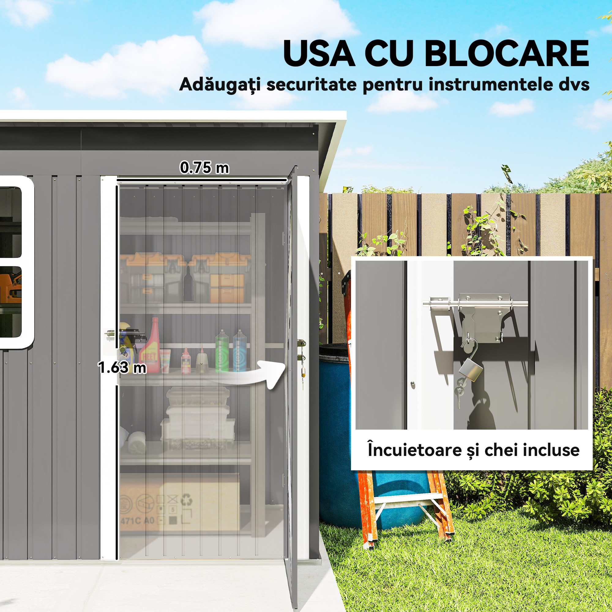  Magazie Gradina pentru unetele, cu Usa Larga si Fereastra, 221x133x190 cm, Gri inchis [5]