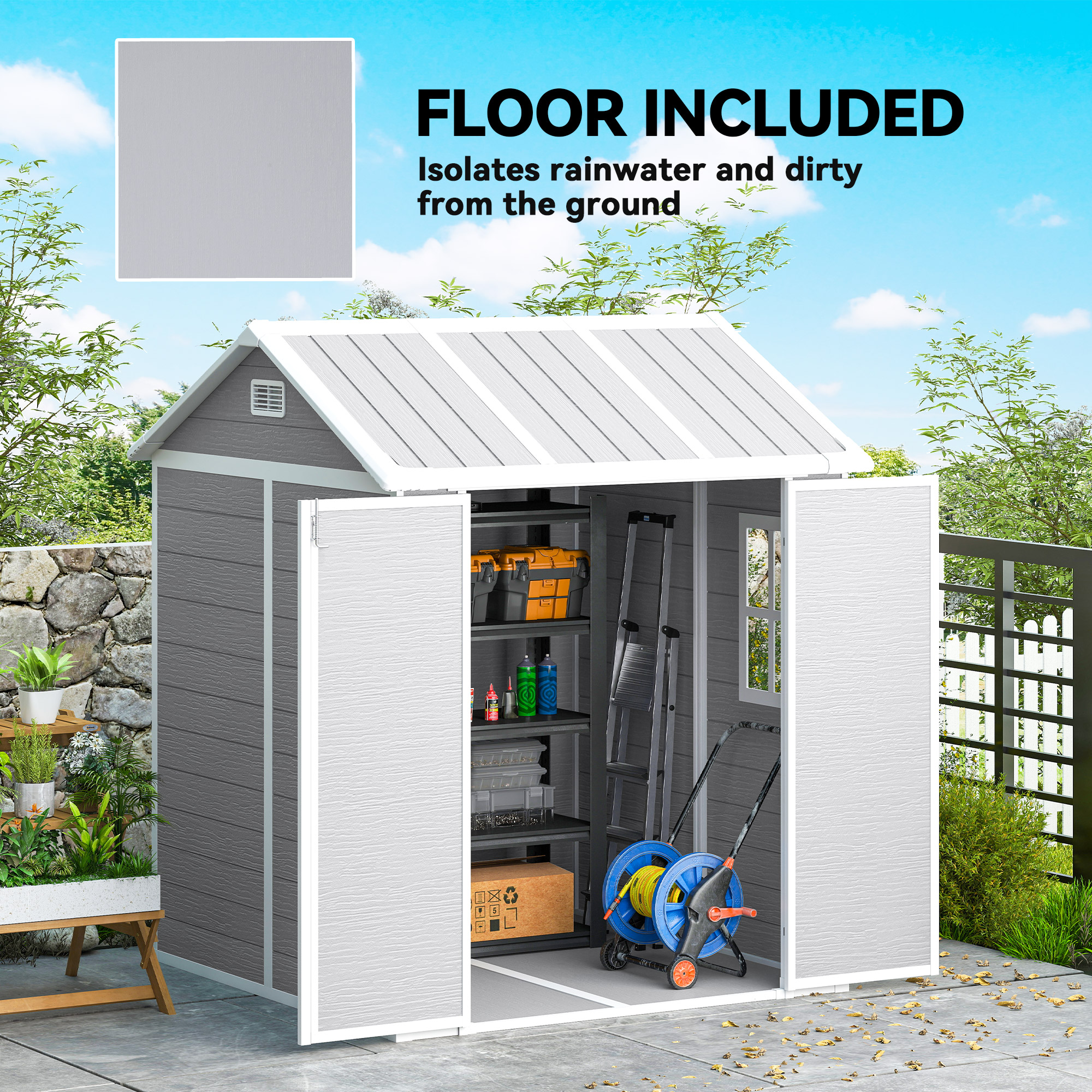 Outsunny 6 x 6ft Garden Shed with Floor, Window, Lockable Doors and Vents, Wood Effect Resin Tool Shed for Outdoor Patio, Grey 6