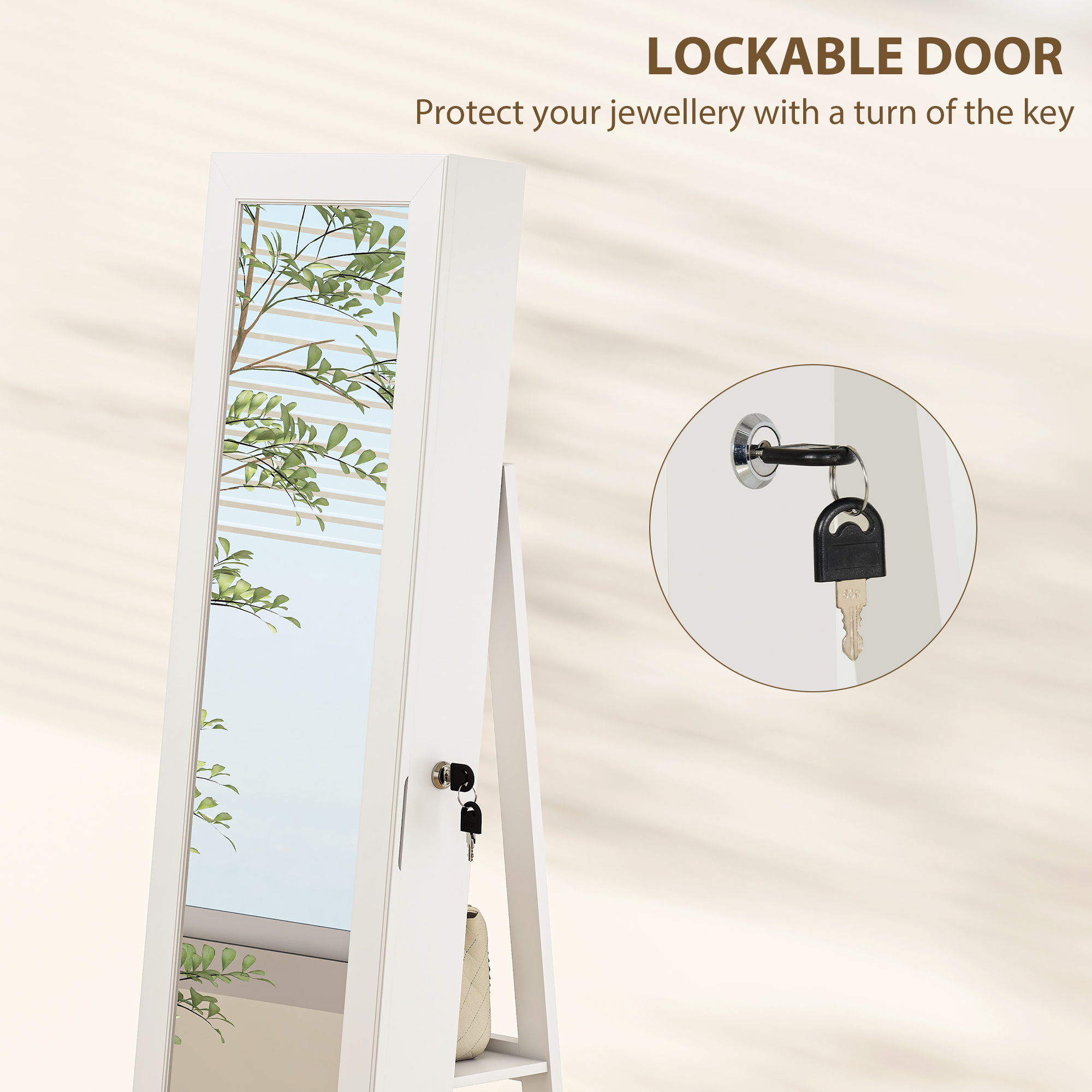  Dulap pentru Bijuterii 3 in 1 Rotativ la 360°, Rafturi din Spate si Usa cu Cheie, 55x55x161 cm, Alb [6]