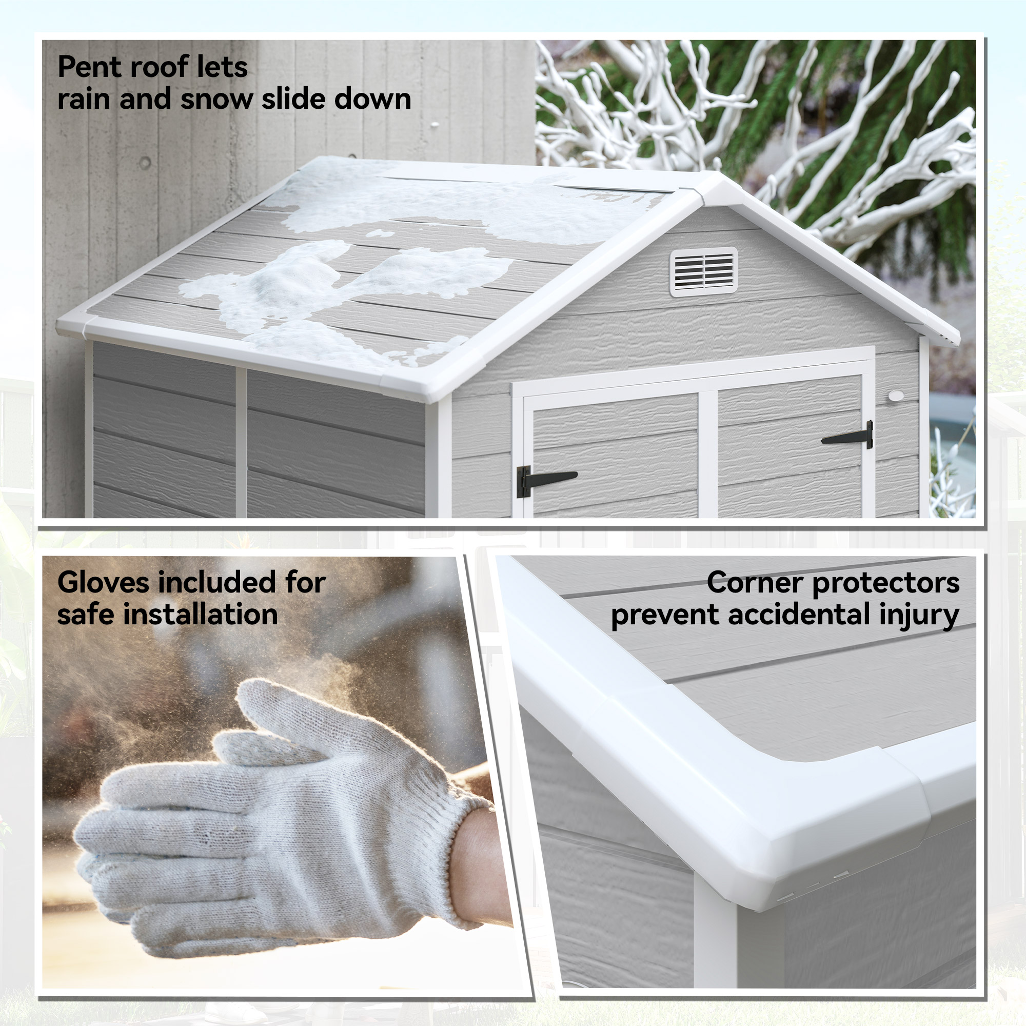 Outsunny 6 x 5ft Garden Shed, Plastic Shed with Floor, Window, Lockable Doors and Vents, Wood Effect Resin Tool Shed for Outdoor Patio, Light Grey 9