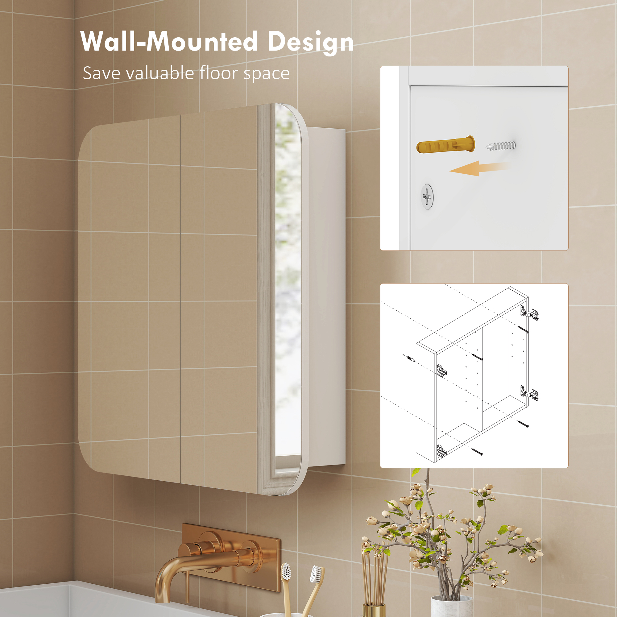 HOMCOM Arched Bathroom Mirror Cabinet with Adjustable Shelves White 8