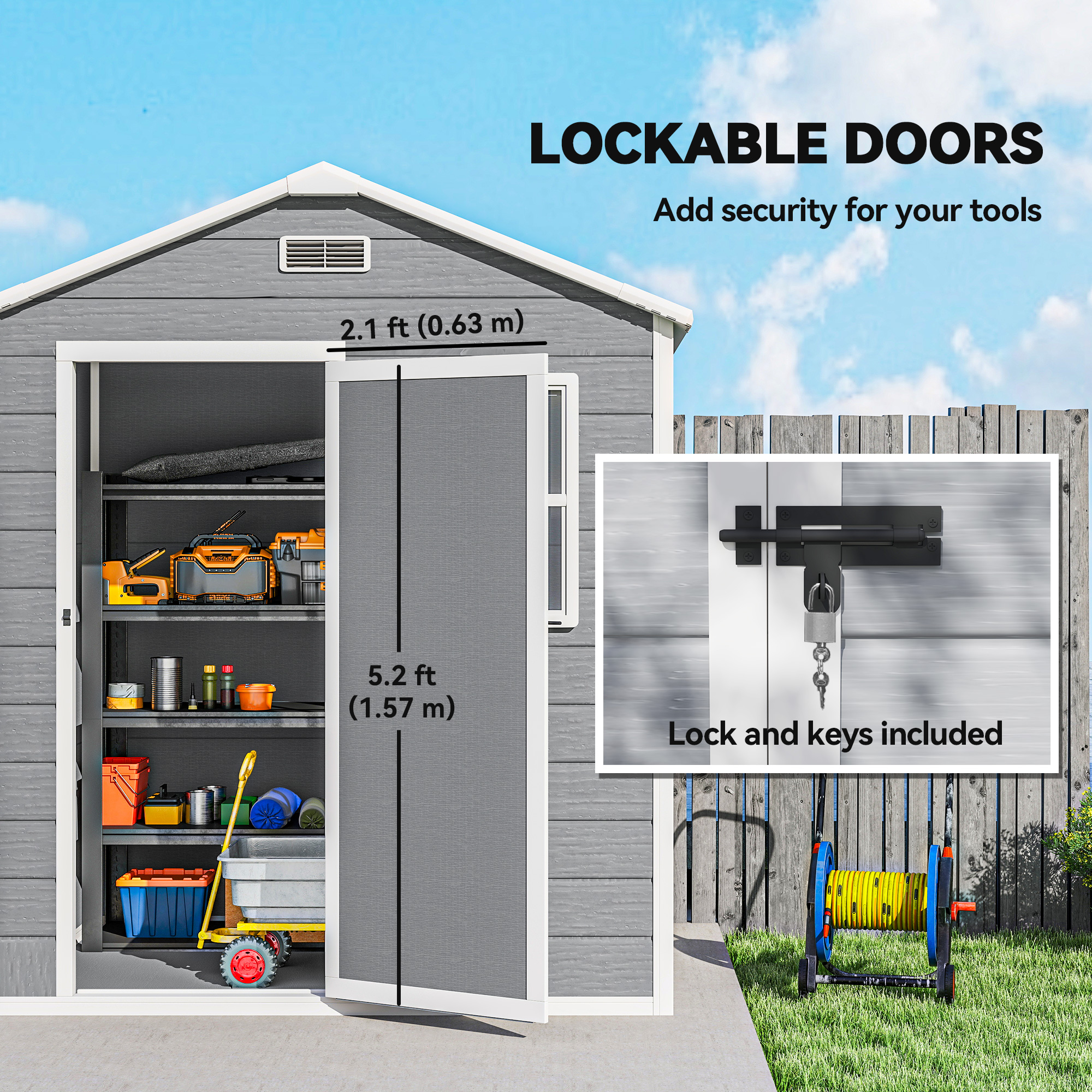 Outsunny 6 x 4ft Garden Shed, Plastic Shed with Floor, Window, Lockable Door and Vents, Wood Effect Resin Tool Shed for Outdoor, Grey 8