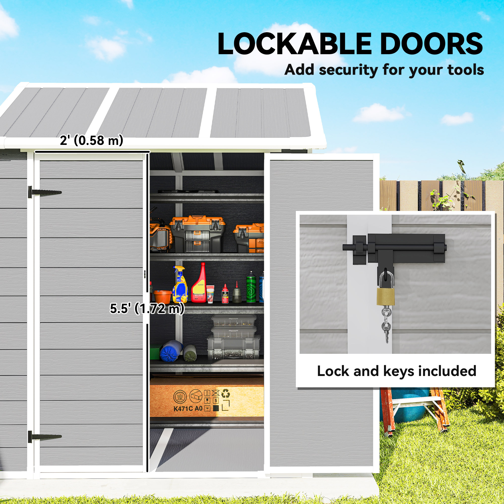 Outsunny 6 x 6ft Garden Shed with Floor, Window, Lockable Doors and Vents, Wood Effect Resin Tool Shed for Outdoor Patio, Grey 8