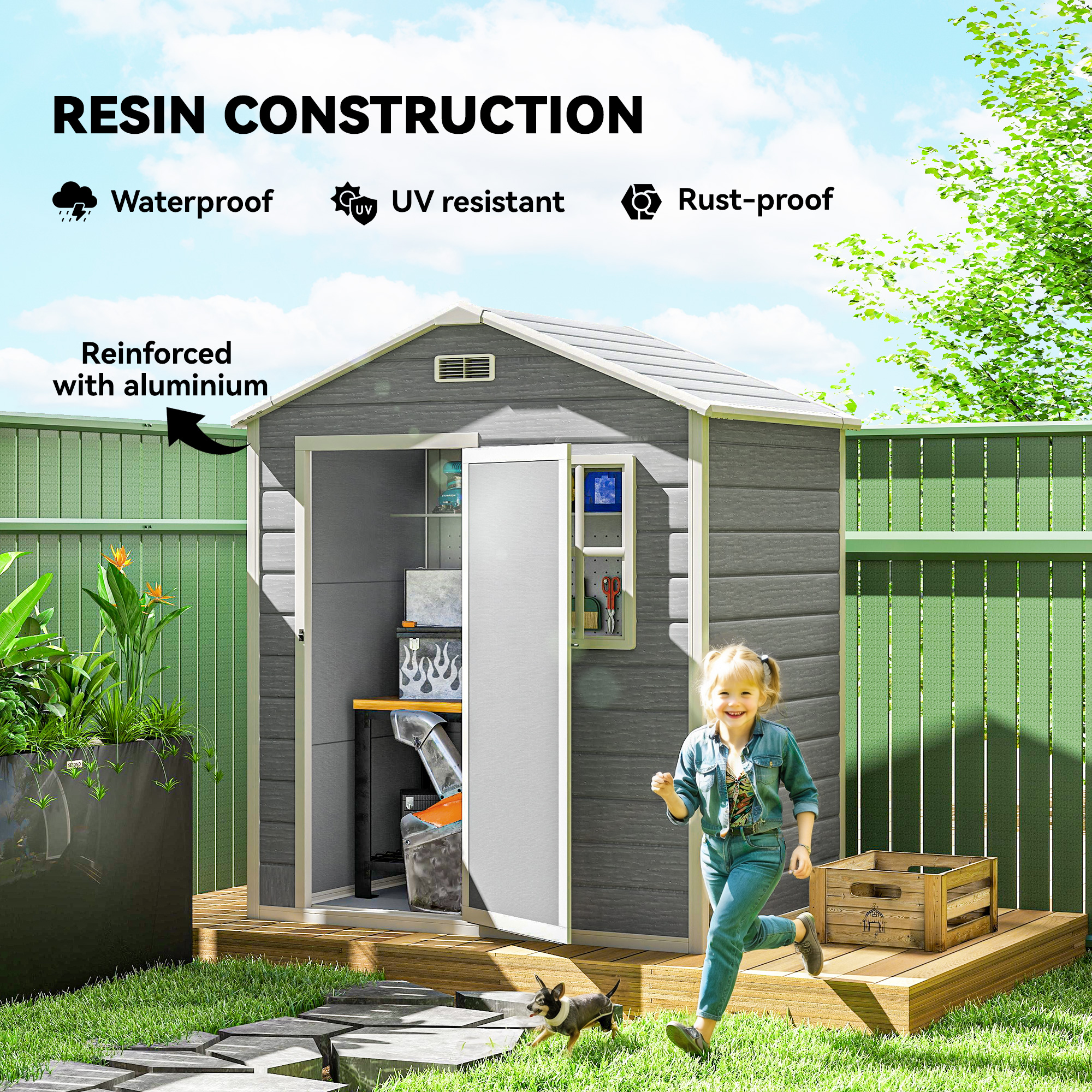 Outsunny 6 x 4ft Garden Shed, Plastic Shed with Floor, Window, Lockable Door and Vents, Wood Effect Resin Tool Shed for Outdoor, Grey 5