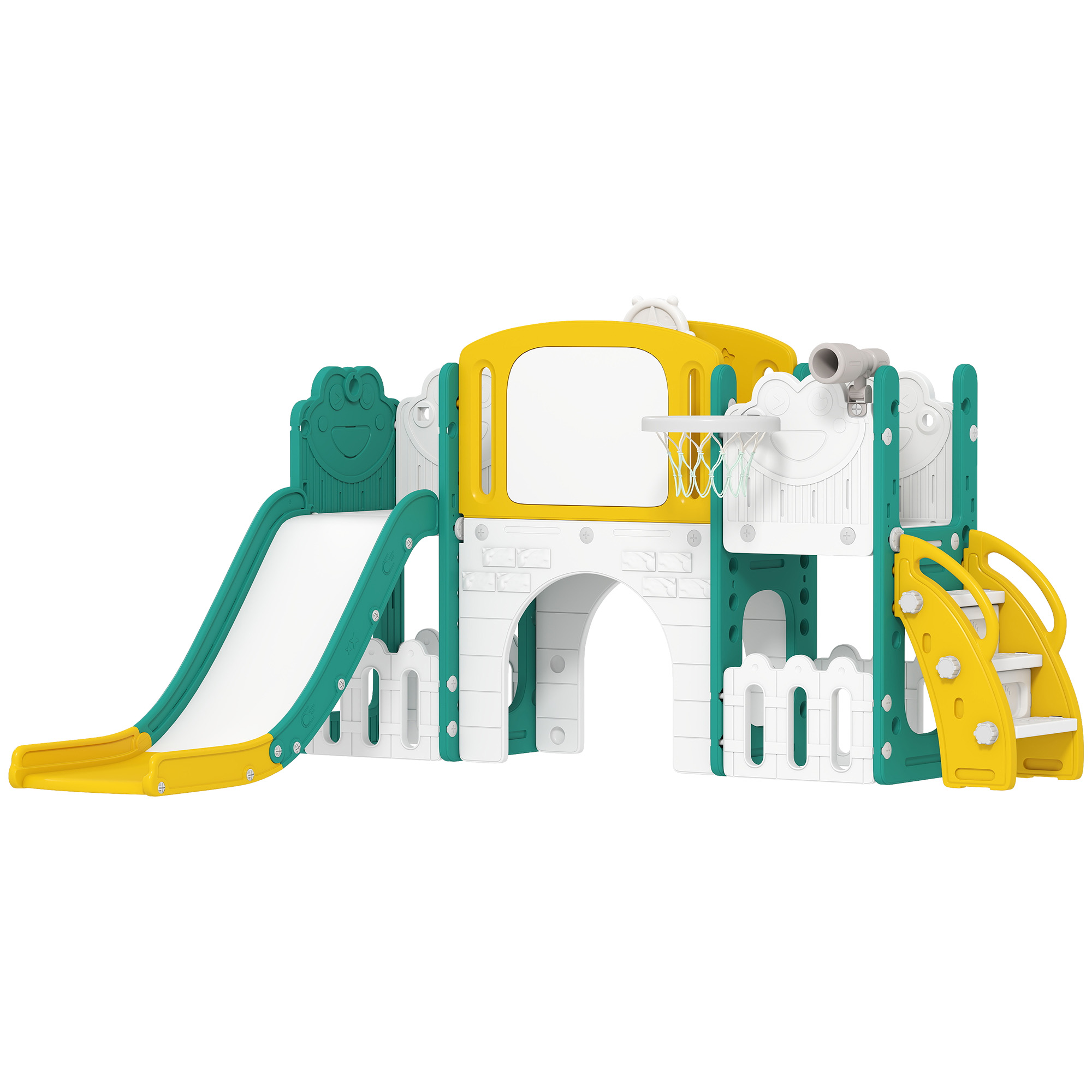 AIYAPLAY Set de Tobogán 7 en 1 para Niños pequeños, Aro de Baloncesto, Diseño de Rana, Escalada, Asiento de Columpio, para interiores y exteriores, Amarillo + Verde