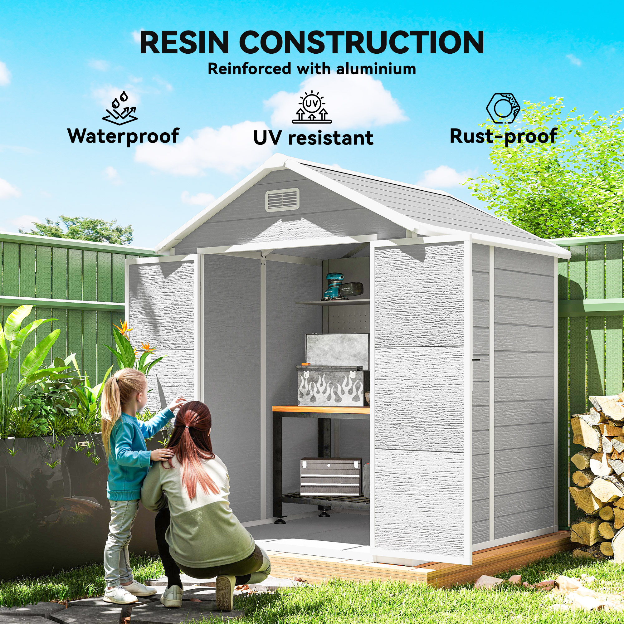 Outsunny 6 x 5ft Garden Shed, Plastic Shed with Floor, Window, Lockable Doors and Vents, Wood Effect Resin Tool Shed for Outdoor Patio, Light Grey 5