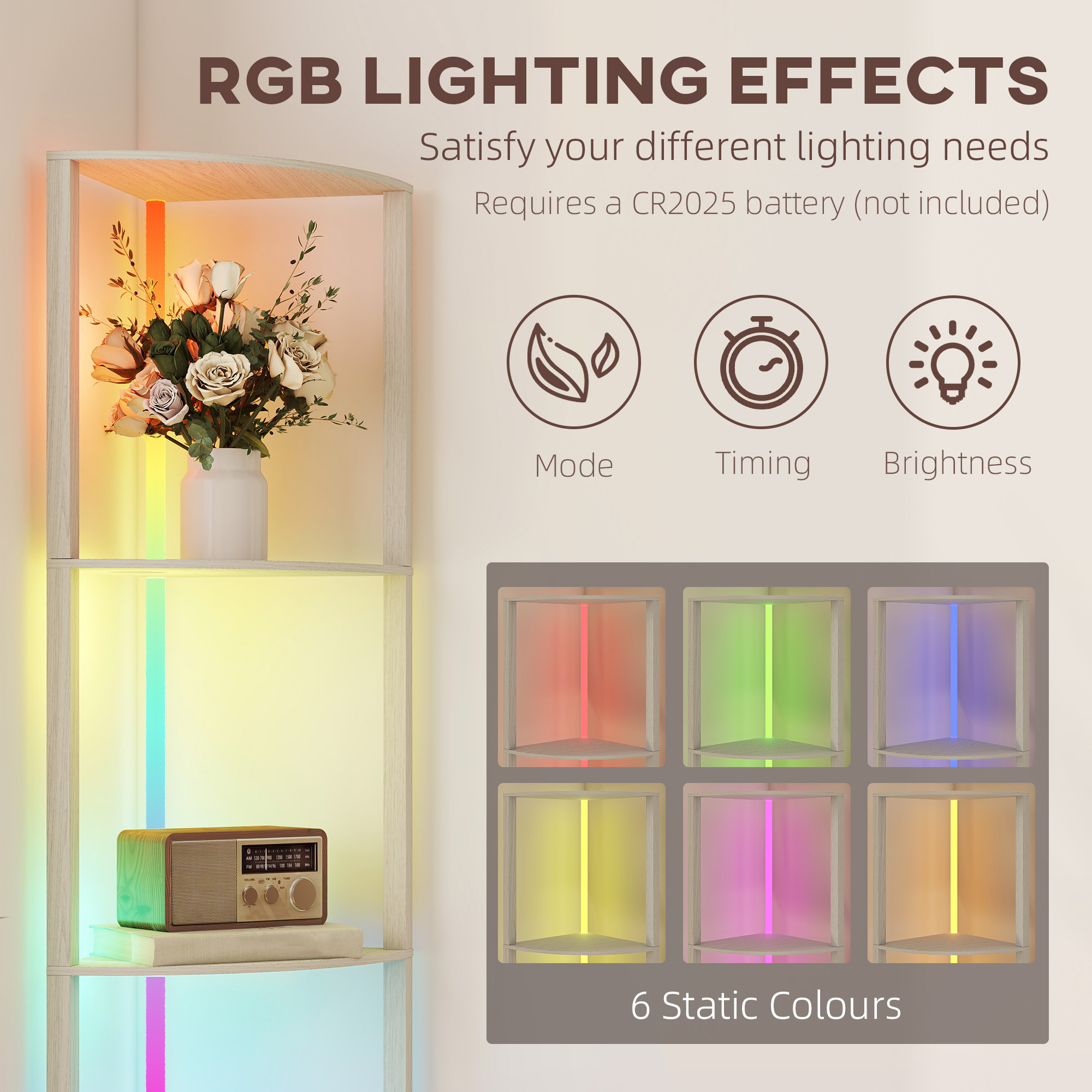 HOMCOM RGB LED Floor Lamp with Shelves, 5-Tier Dimmable Standing Lamp with Adjustable Brightness and Remote Control, Modern Corner Display Shelf Unit for Living Room Bedroom Office, Oak 4