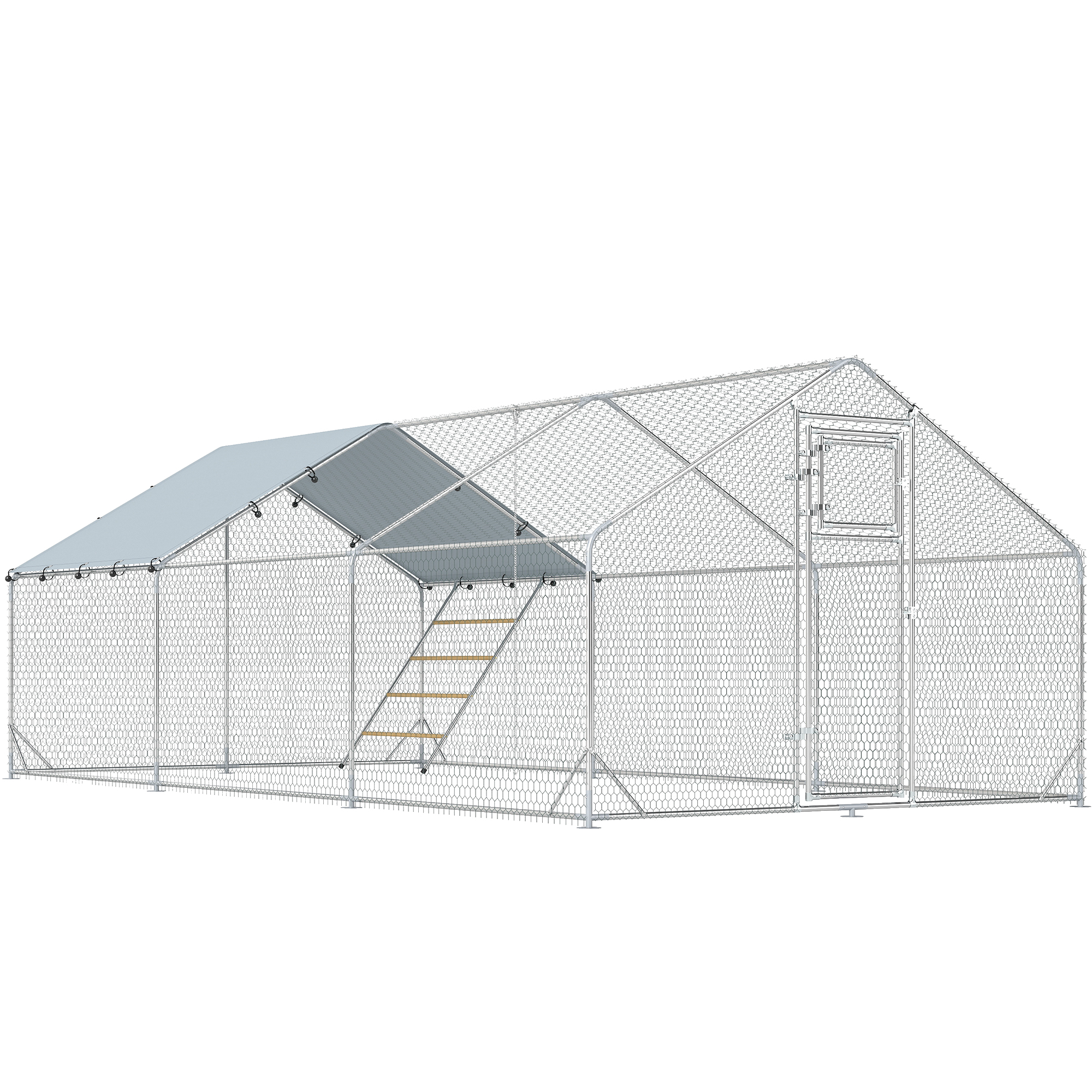 PawHut Gallinero Metálico de Exterior de 3x6m con Percha Multiusos Comedero Colgante Tipo Brocheta y Lona Protectora Resistente