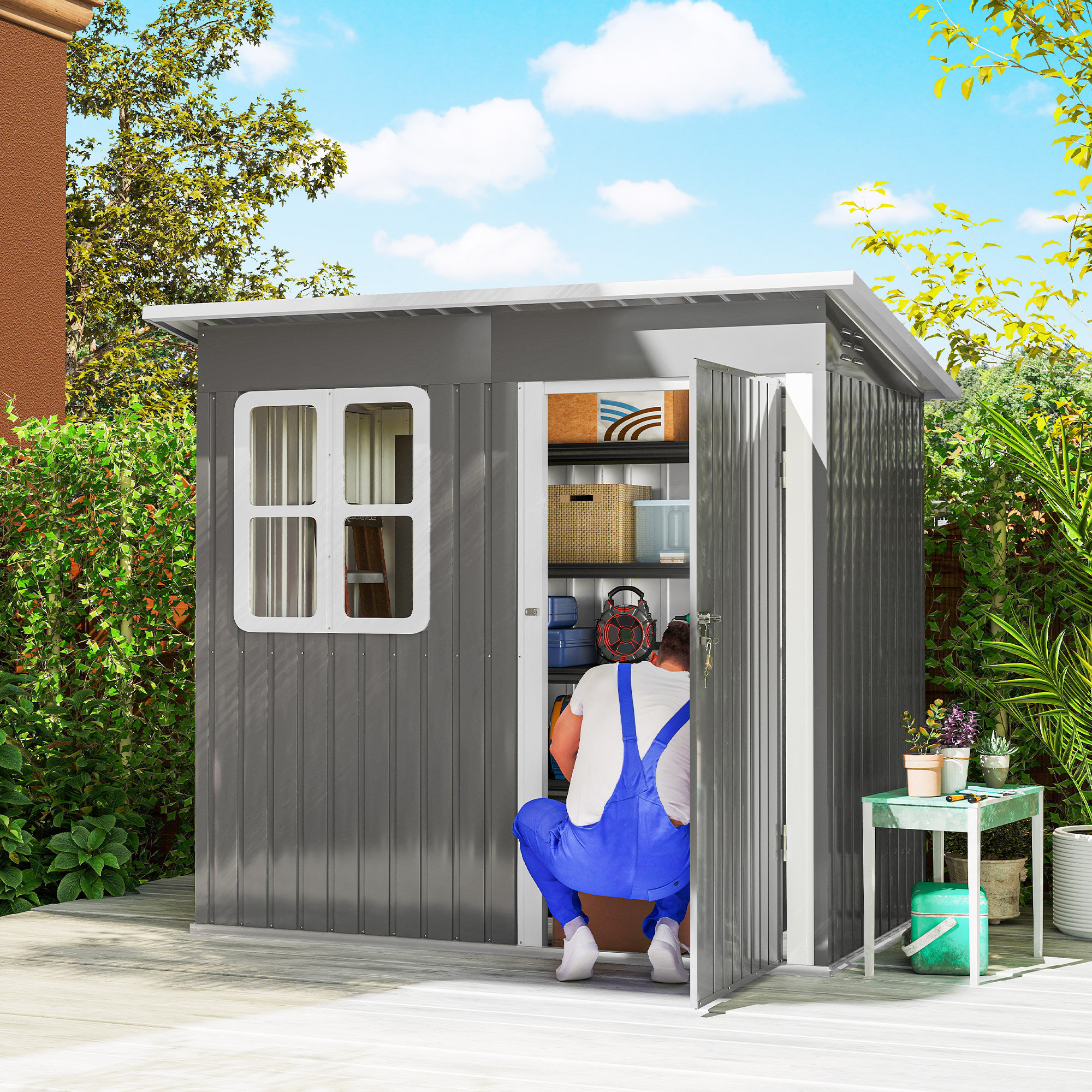 Outsunny Gerätehaus 2,55m², Gartenhaus mit Pultdach, 221 x 133 x 190/173 cm günstig online kaufen