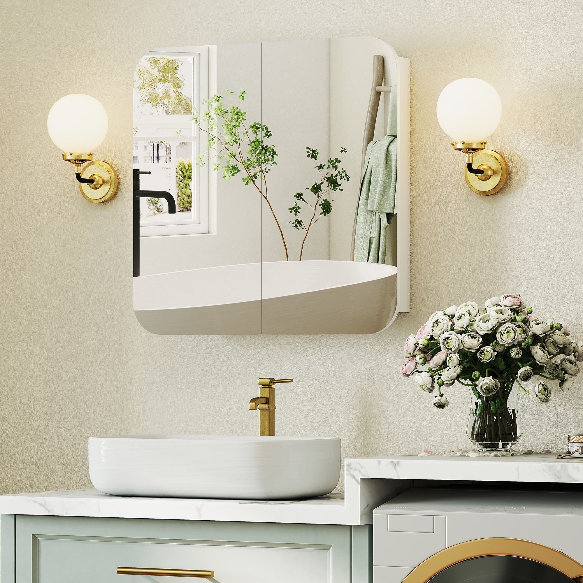 HOMCOM Arched Bathroom Mirror Cabinet with Adjustable Shelves White 9