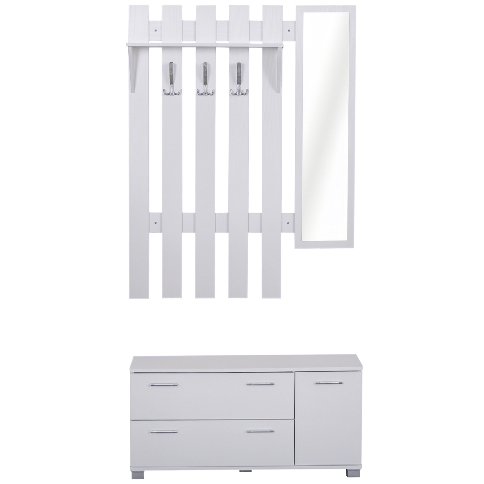 Homcom Ensemble de Meubles d'Entrée Vestiaire d'Entrée Panneau Porte-Manteau Miroir Meuble à Chaussures 3 Patères Triple Étagère Blanc aosom france