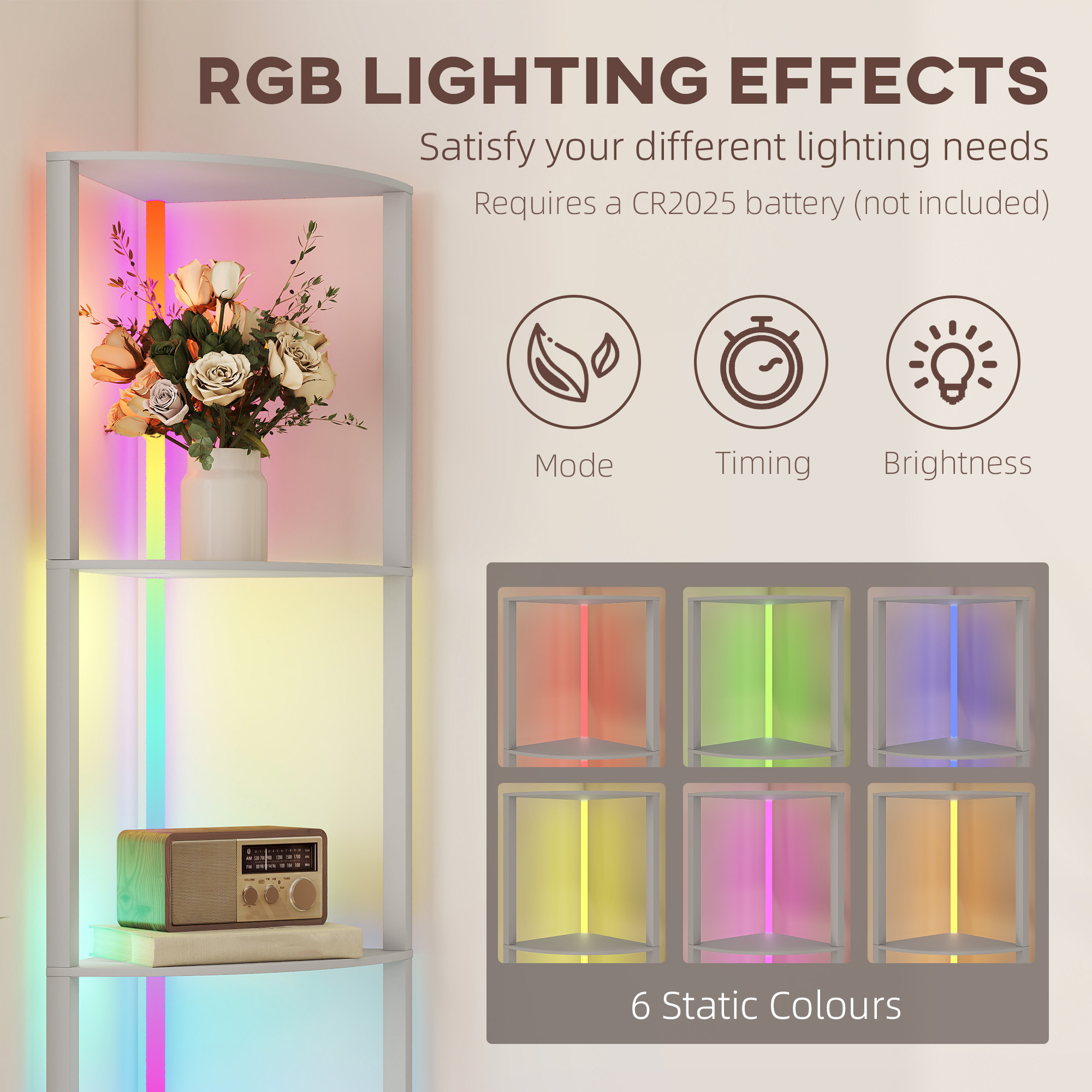 HOMCOM RGB LED Floor Lamp with Shelves, 5-Tier Dimmable Standing Lamp with Adjustable Brightness and Remote Control, Modern Corner Display Shelf Unit for Living Room Bedroom Office, Grey 4