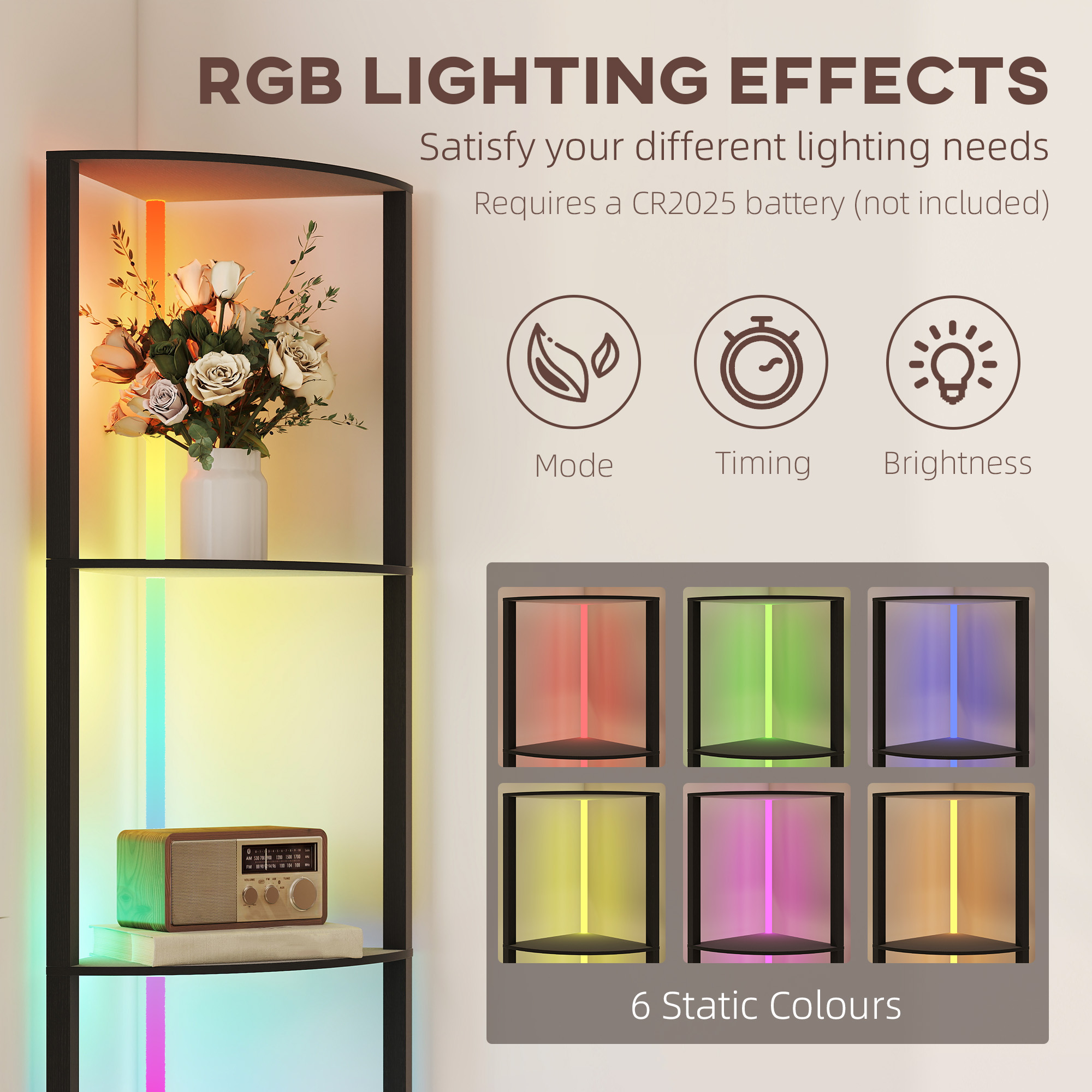 HOMCOM RGB LED Floor Lamp with Shelves, 5-Tier Dimmable Standing Lamp with Adjustable Brightness and Remote Control, Modern Corner Display Shelf Unit for Living Room Bedroom Office, Black 4