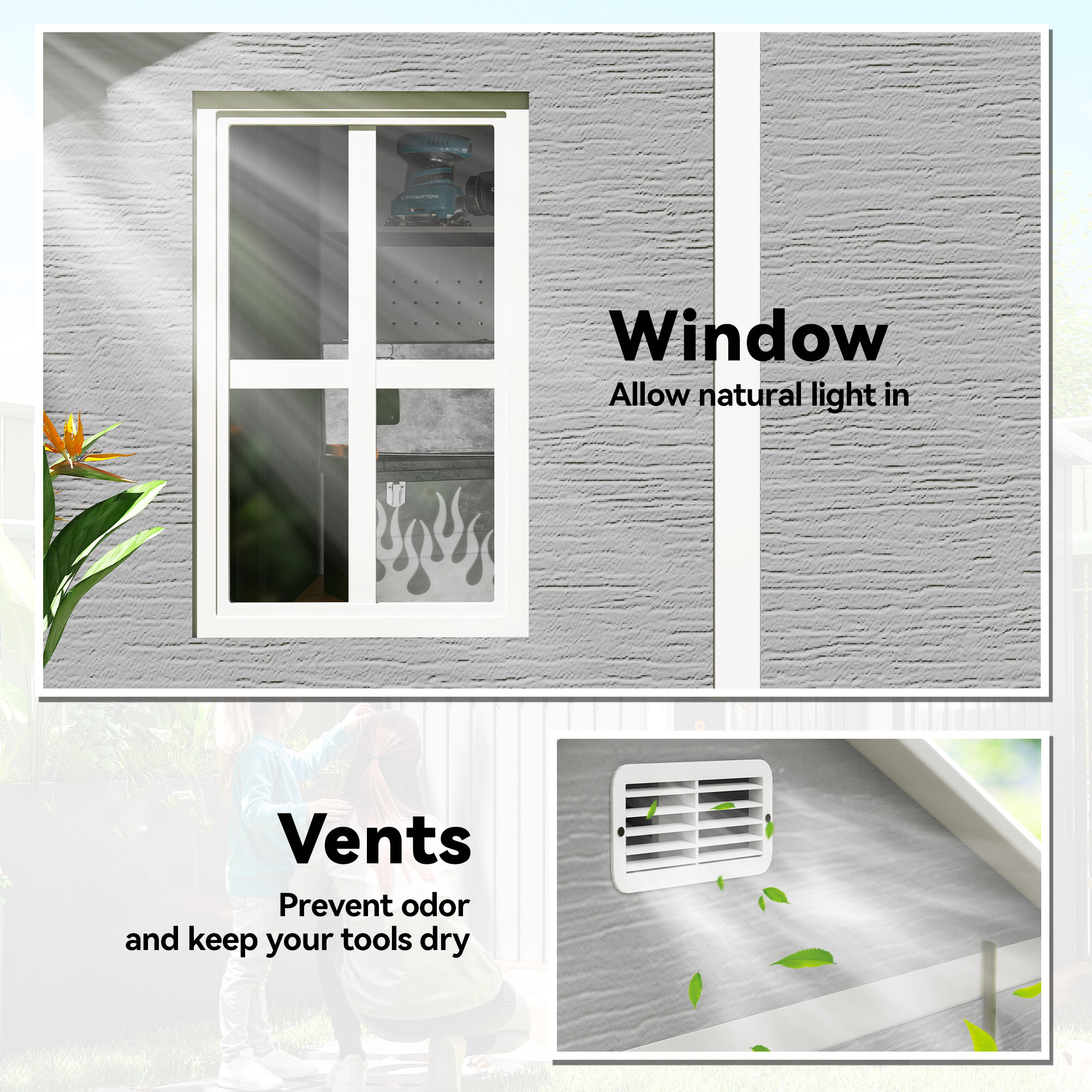 Outsunny 6 x 6ft Garden Shed with Floor, Window, Lockable Doors and Vents, Wood Effect Resin Tool Shed for Outdoor Patio, Grey 7
