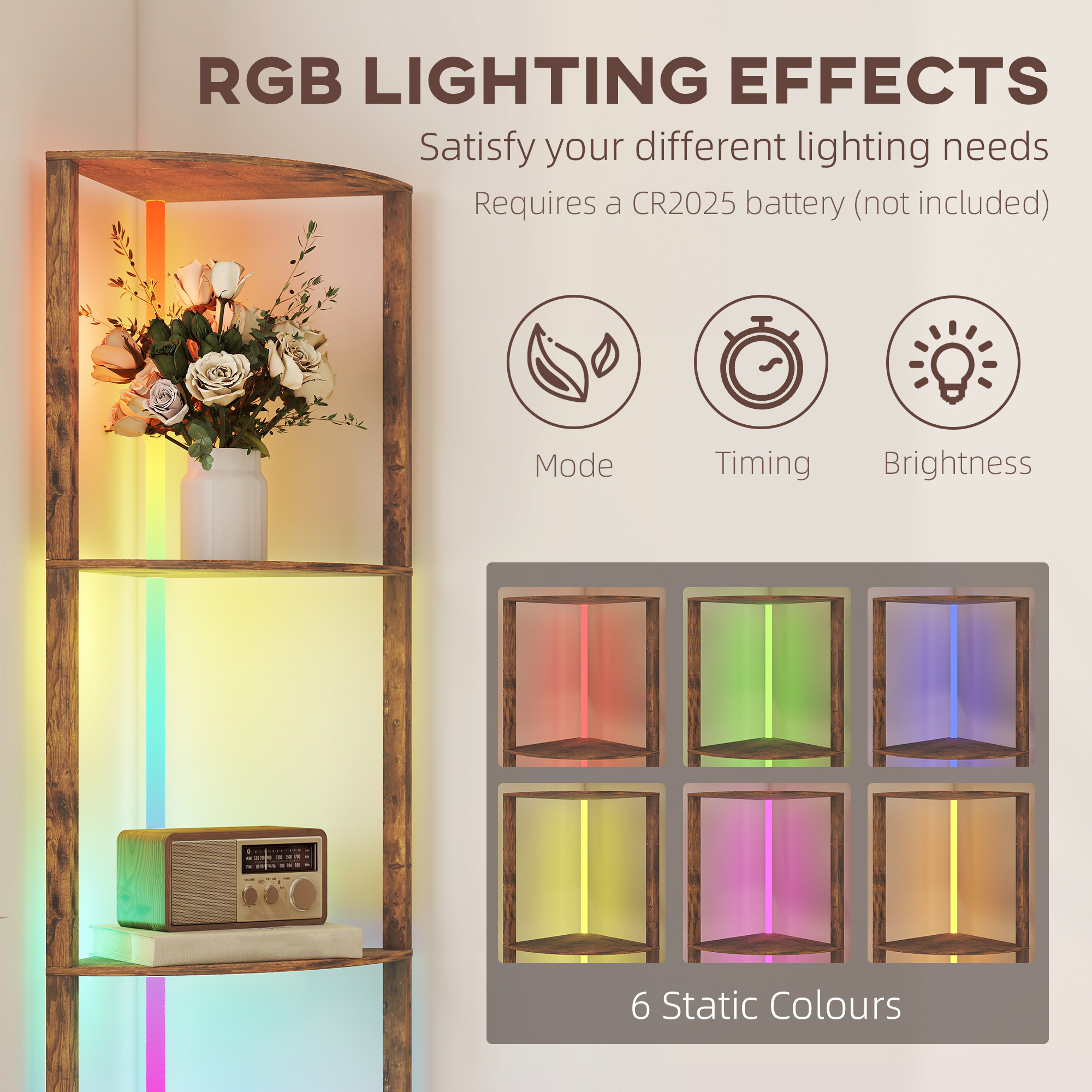 HOMCOM RGB LED Floor Lamp with Shelves, 5-Tier Dimmable Standing Lamp with Adjustable Brightness and Remote Control, Modern Corner Display Shelf Unit for Living Room Bedroom Office, Rustic Brown 4