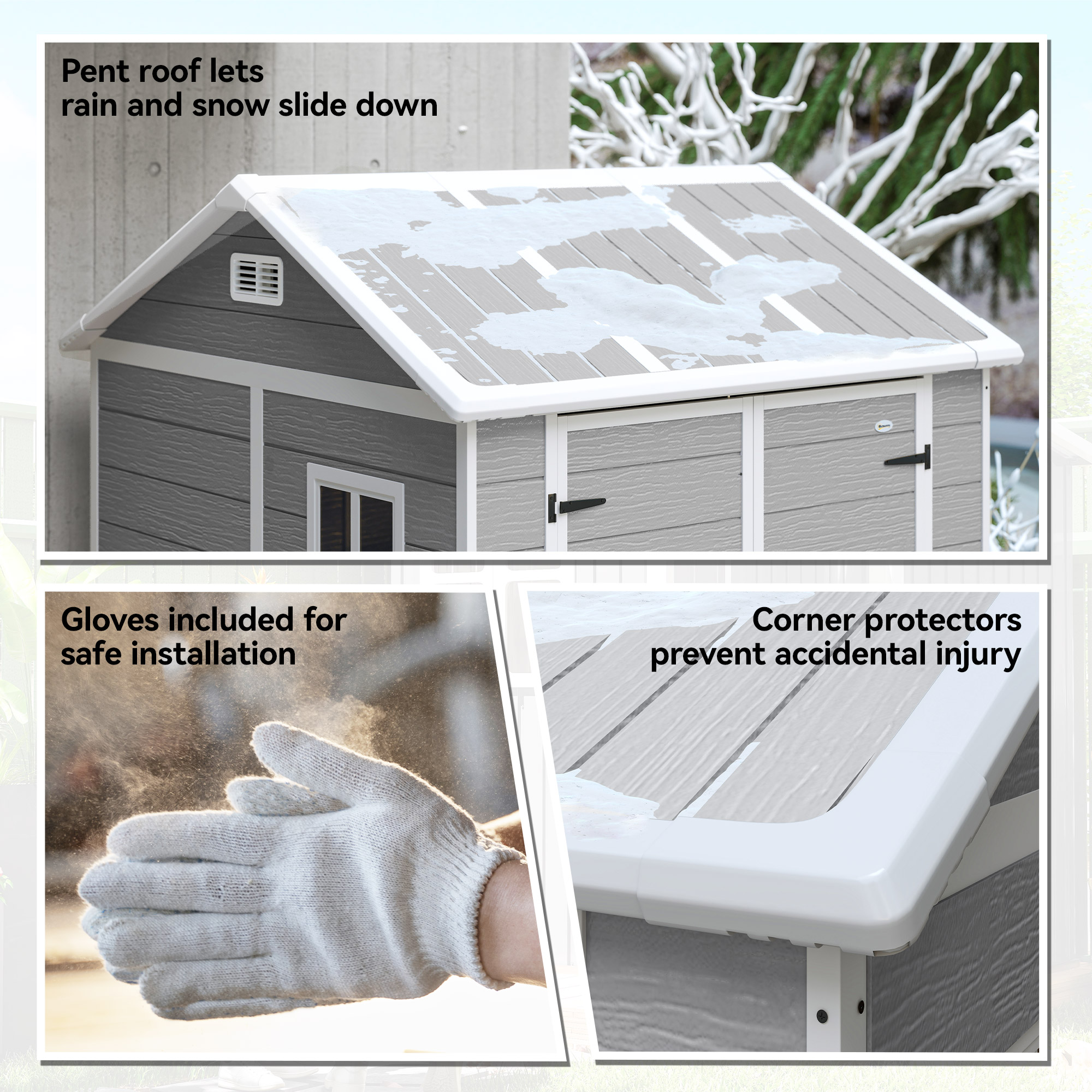 Outsunny 6 x 6ft Garden Shed with Floor, Window, Lockable Doors and Vents, Wood Effect Resin Tool Shed for Outdoor Patio, Grey 9