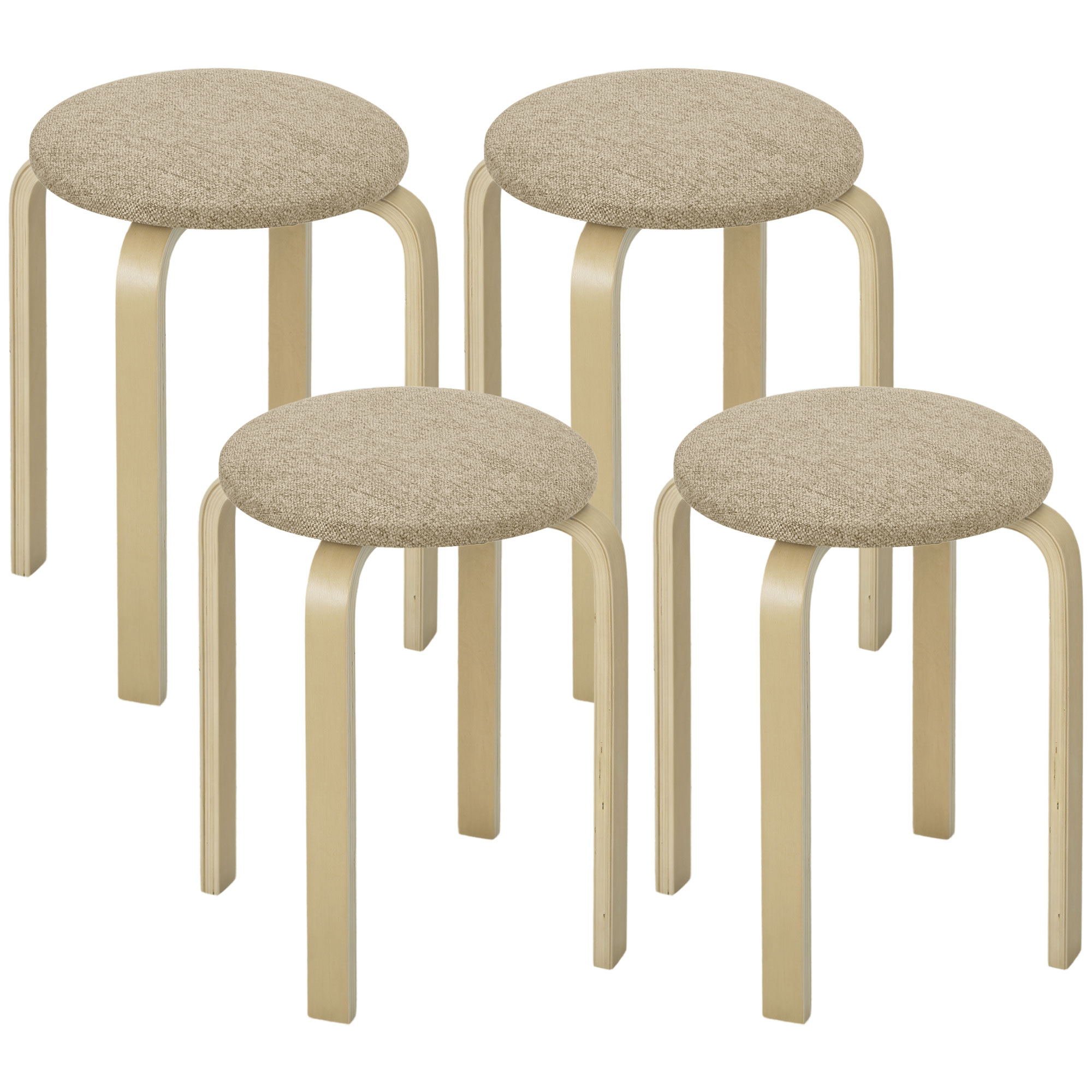Image of HOMCOM Set 4 Sgabelli Impilabili e Imbottiti con Rivestimento in Tessuto e Gambe in Legno, Cachi Aosom Italy006