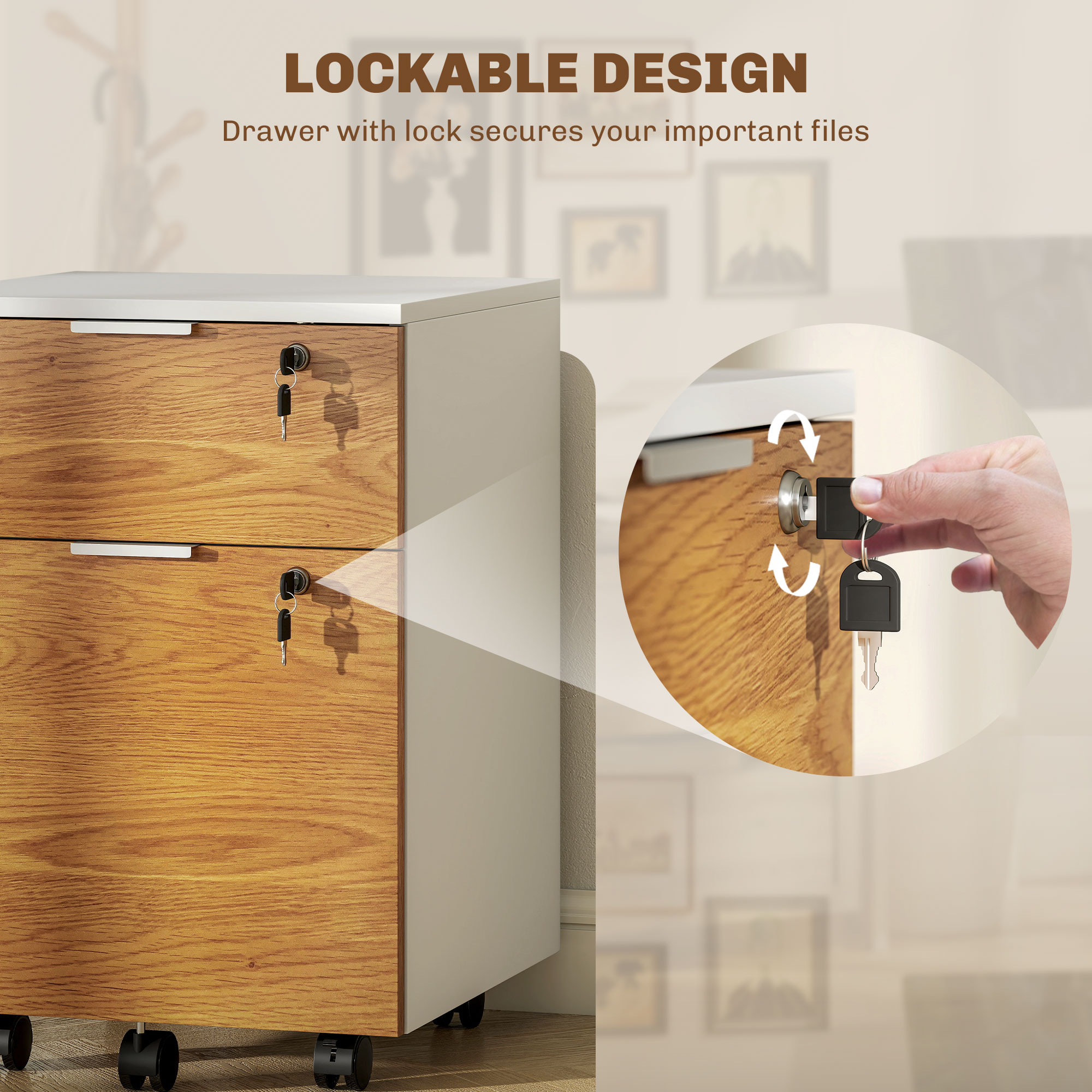 HOMCOM Two-Drawer Lockable Filing Cabinet Wood Effect 6