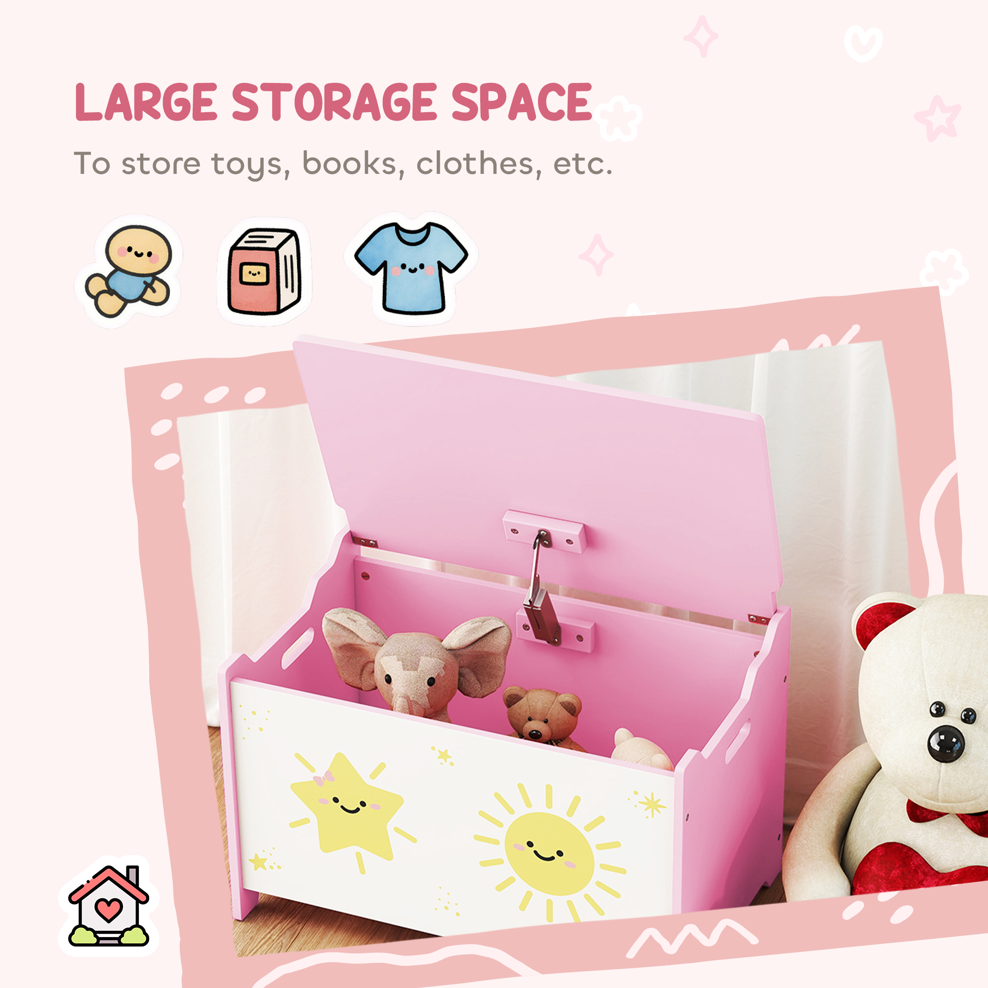 AIYAPLAY Toy Box with Lid, Safety Hinges and Groove Handles, Toy Storage organiser for Kids, Living Room, Playroom, Pink 4