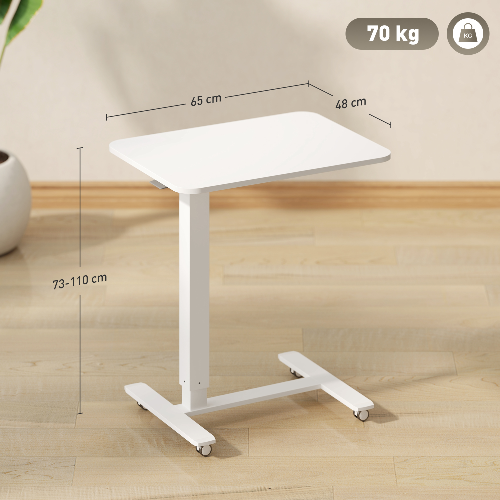 HOMCOM Height Adjustable Standing Desk, Pneumatic Sit Stand Desk for Laptop, Mobile Overbed Table with Wheels for Home Office, White 3