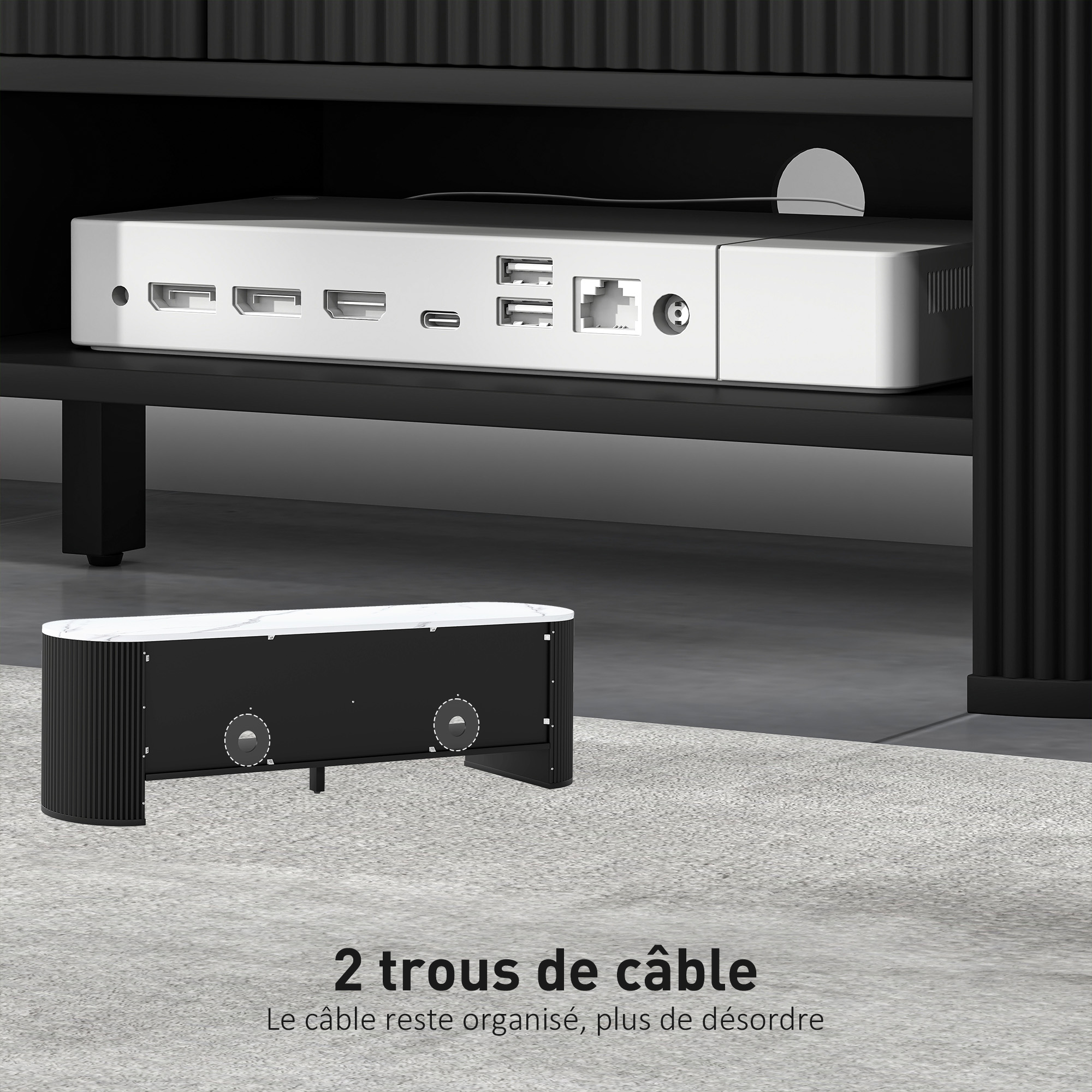 Meuble TV HOMCOM 140cm Effet Marbre Blanc & Bois Naturel - TV 32-65 Pouces, 3 Tiroirs Cannelés, 2 Étagères & Passage Câbles