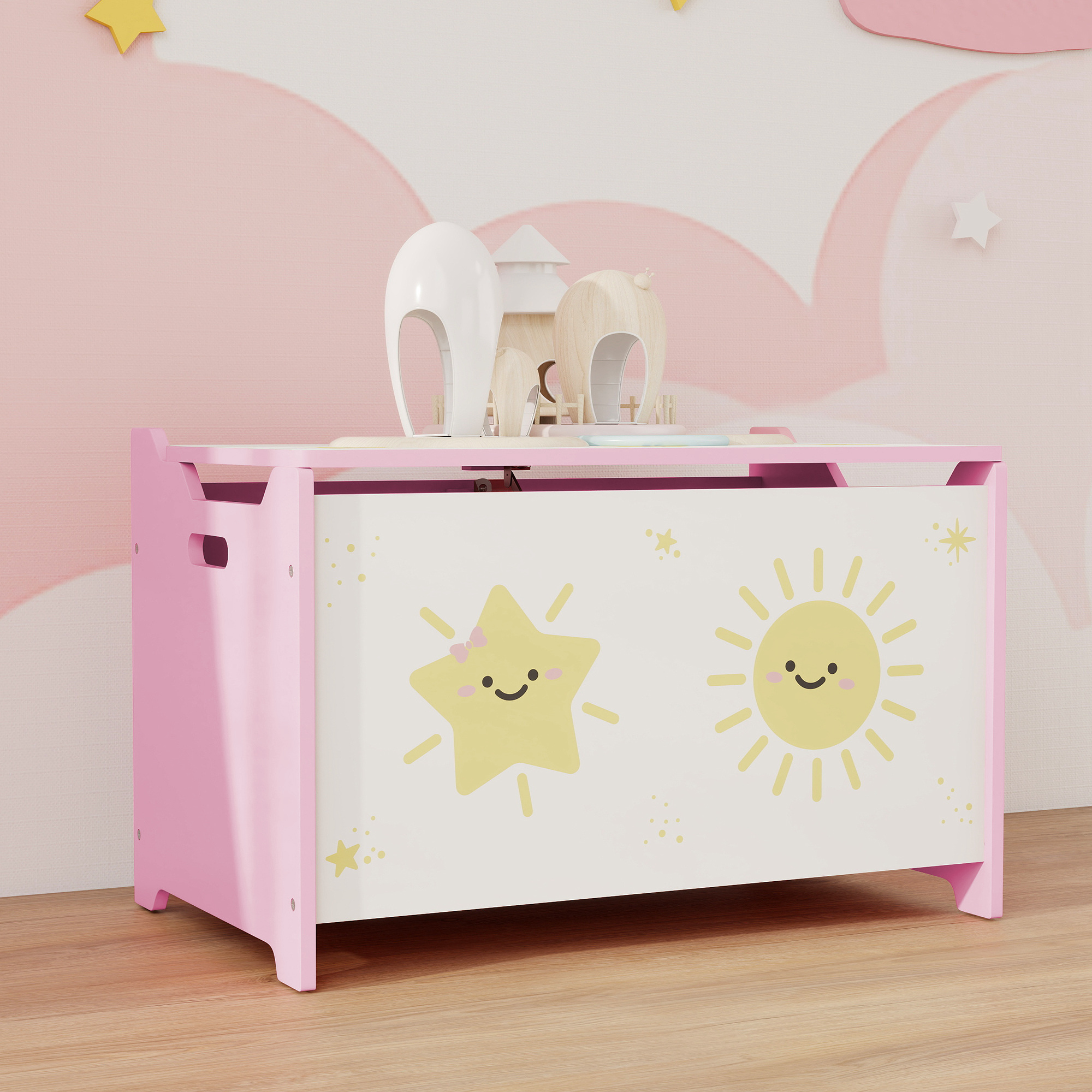 AIYAPLAY Toy Box with Lid, Safety Hinges and Groove Handles, Toy Storage organiser for Kids, Living Room, Playroom, Pink 9