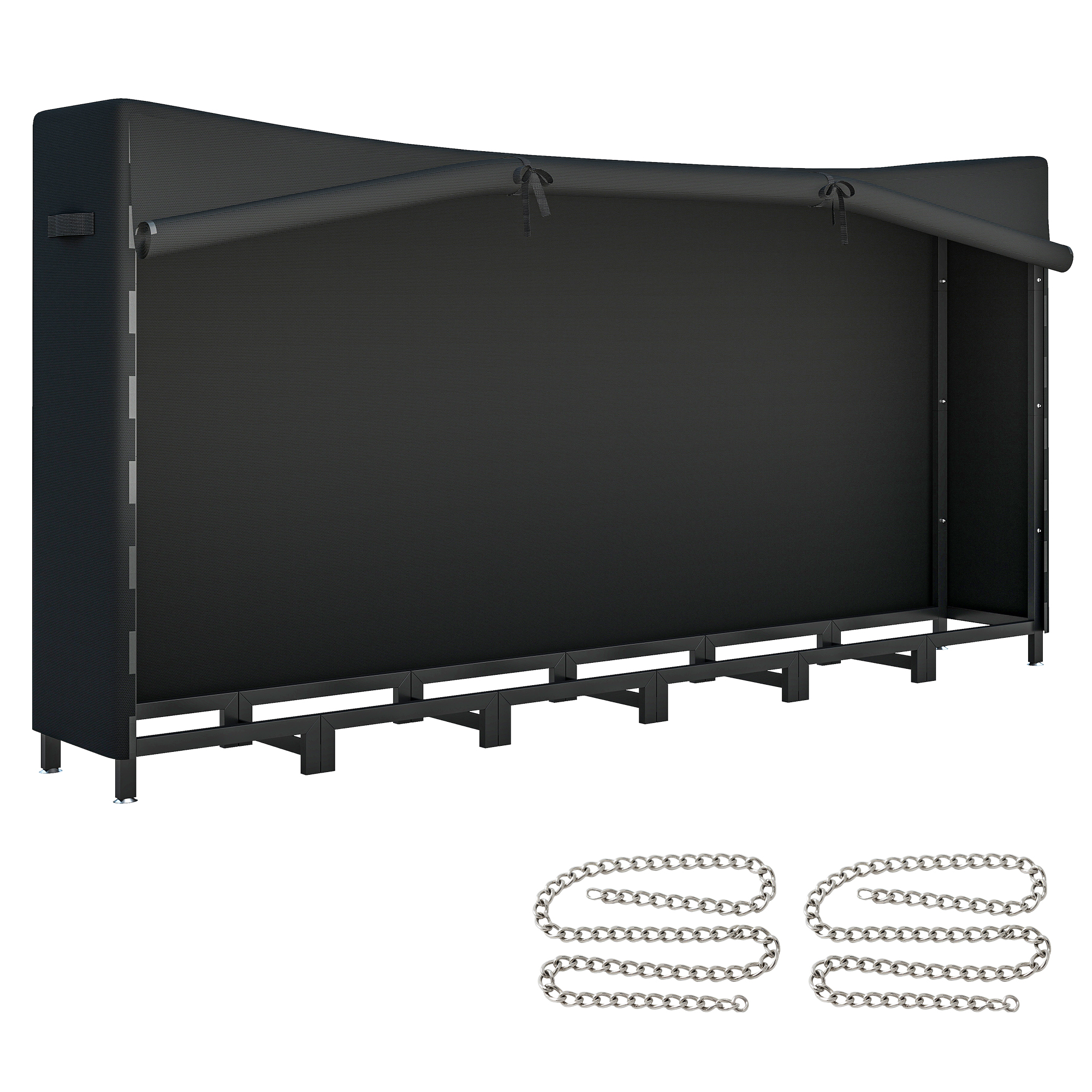 Outsunny Leñero Exterior Metálico de Chimenea Soporte para Leña con Cubierta Impermeable y Cadenas de Acero 235x31x116 cm Negro