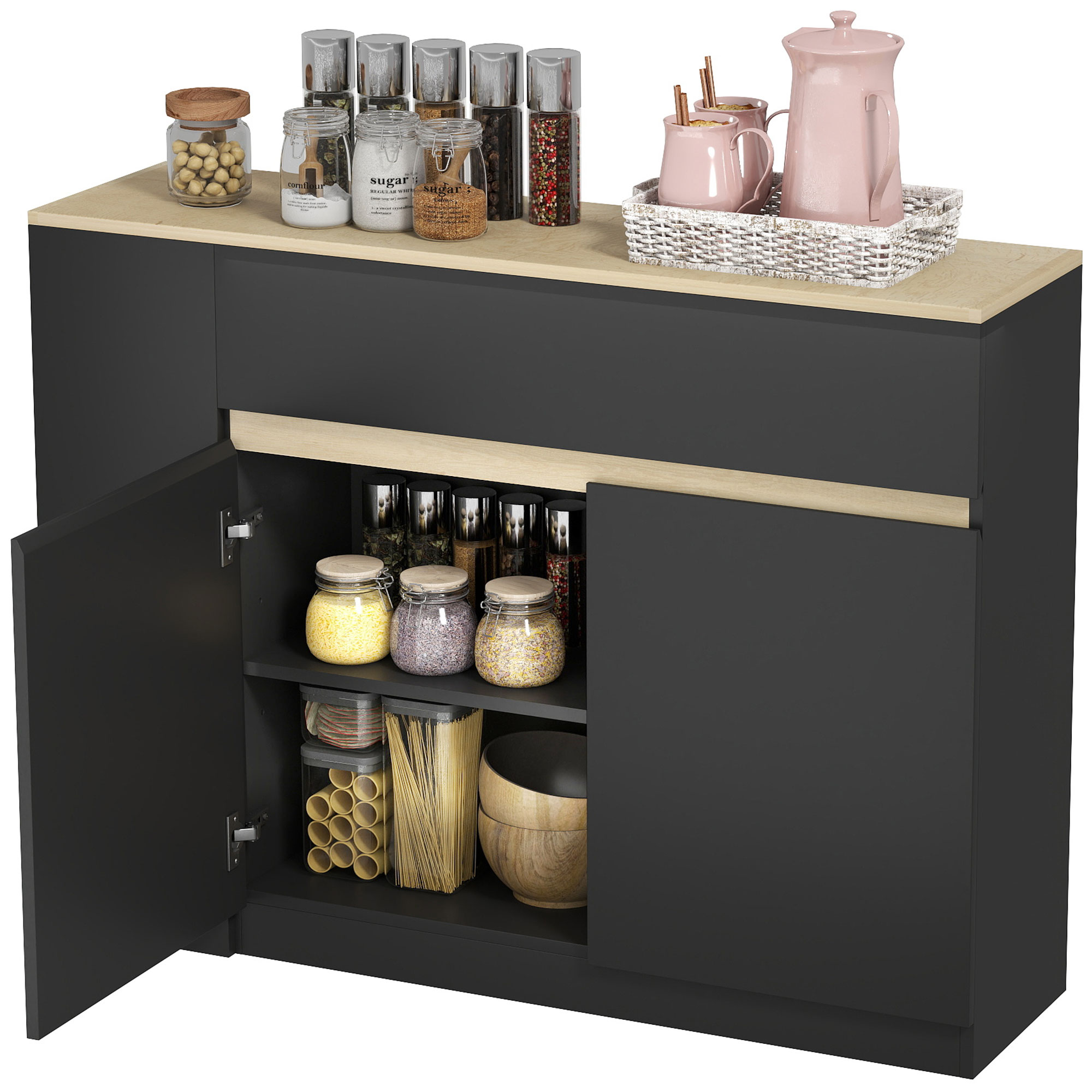 HOMCOM Buffet, Aufbewahrungsmöbel, mit 2-türigem Schrank, verstellbarem Regal, 2 Schubladen, 3 offenen Regalen, 110 x 29,5 x 82 cm, für Esszimmer, Wohnzimmer, Küche, Schwarz Aosom