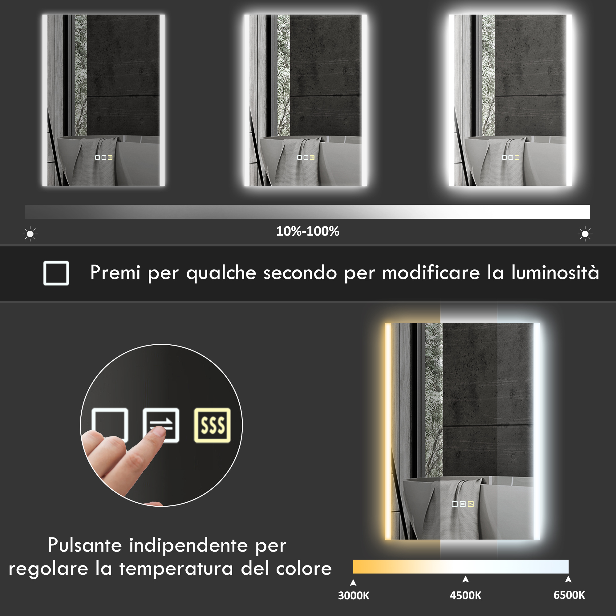 HOMCOM Specchio Da Bagno Con Luce LED 70x50 Cm - Bluetooth, Orologio Digitale, Antiappannamento, Touch Control, 3 Colori Luci, IP44