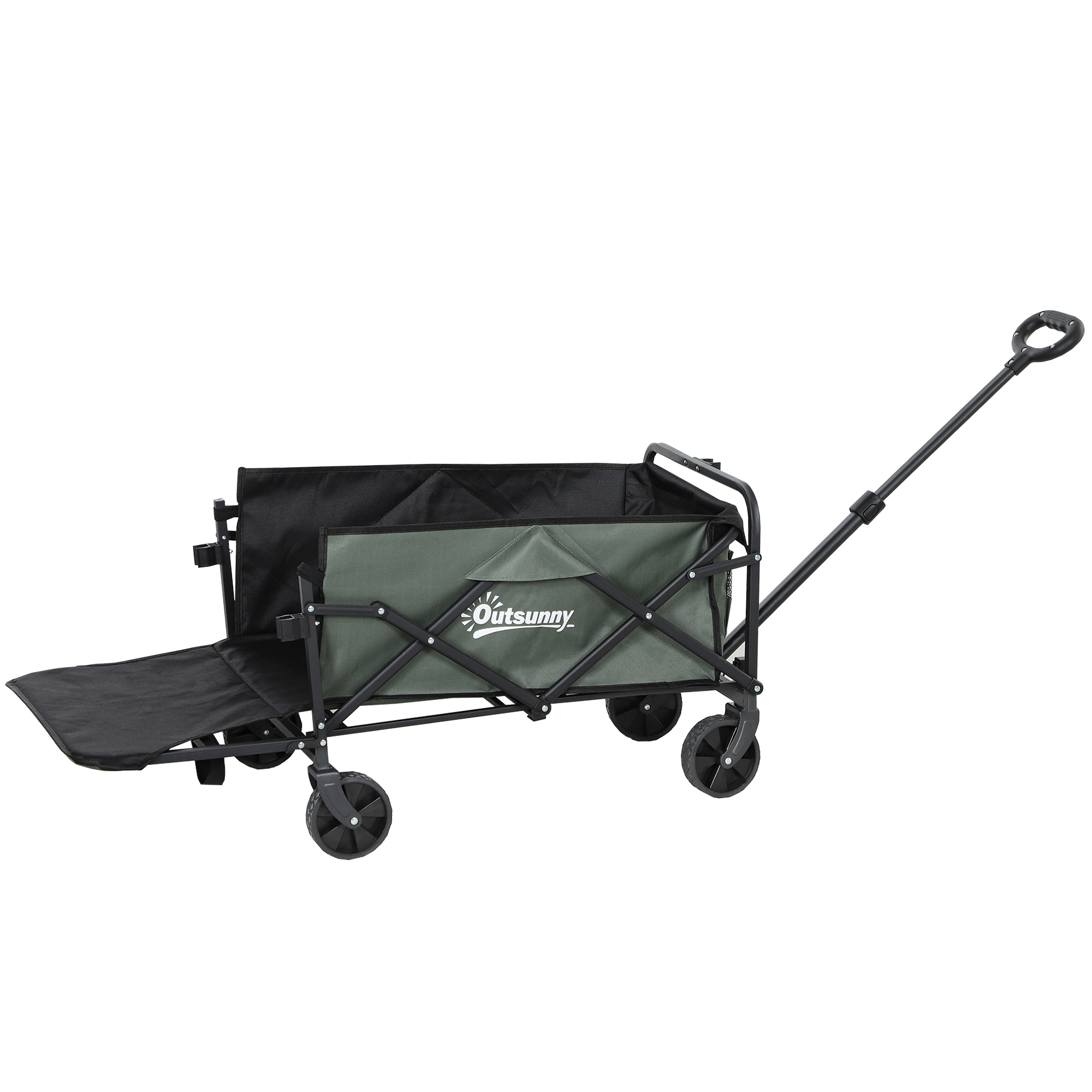 Outsunny Cărucior Pliabil de Grădină cu Deschidere Posterioară, Roți, Buzunare de Depozitare și Mâner, 125x48x78-102 cm, Verde | Aosom Romania