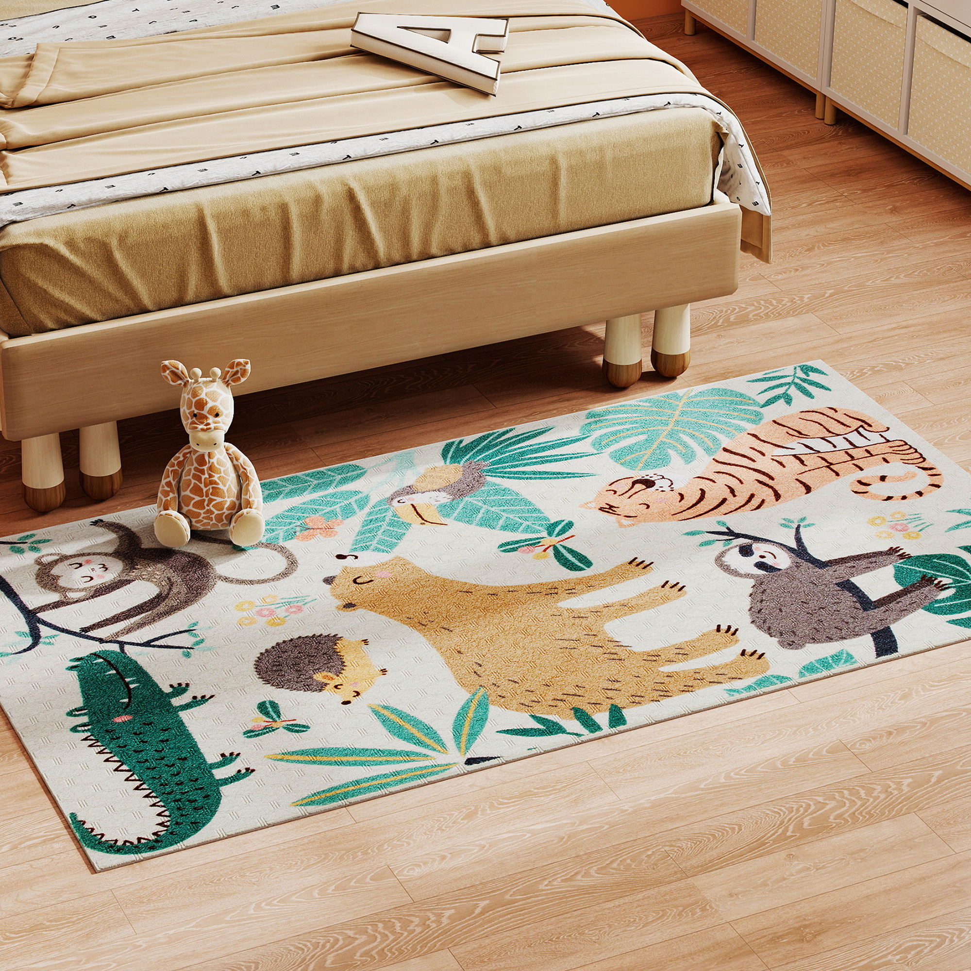 HOMCOM Teppich Anti-Rutsch Wohnzimmerteppich Kurzflor mit Dschungel-Muster, günstig online kaufen