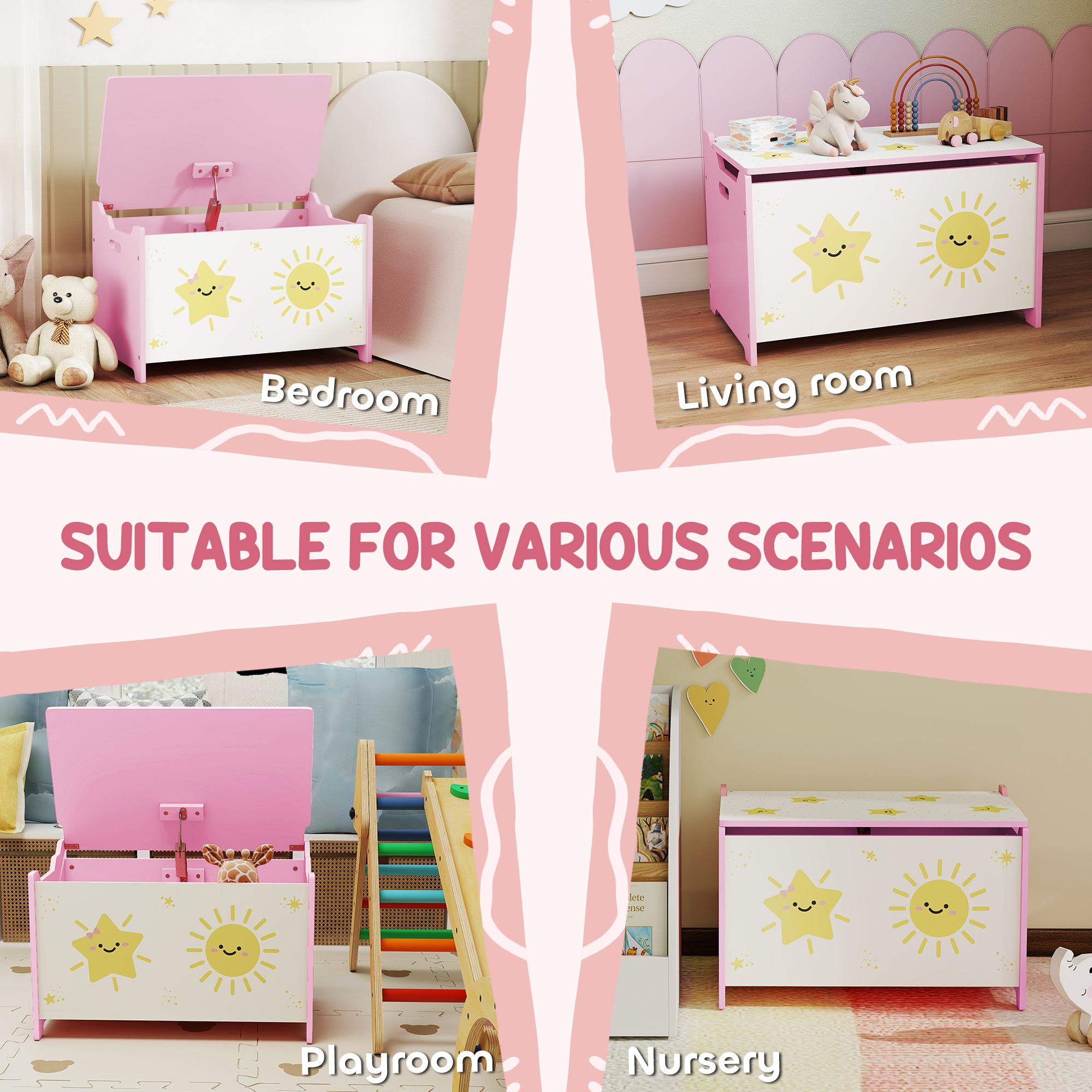 AIYAPLAY Toy Box with Lid, Safety Hinges and Groove Handles, Toy Storage organiser for Kids, Living Room, Playroom, Pink 6