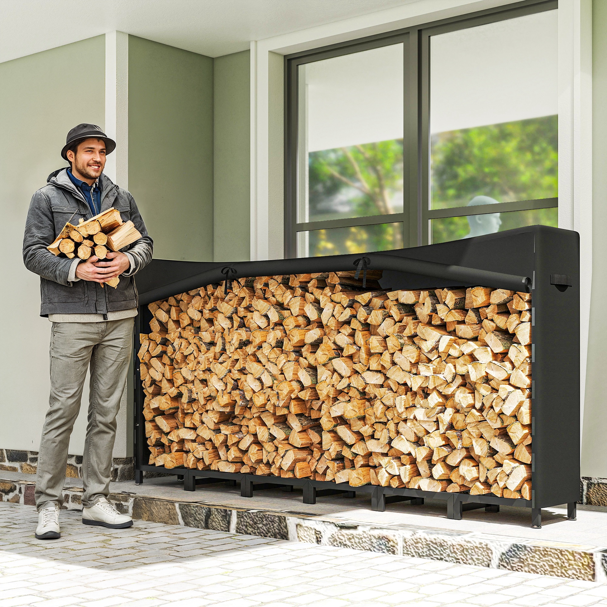 Outsunny Metallisches Holzregal, 235x31x116 cm, Holzregal im Freien mit was günstig online kaufen