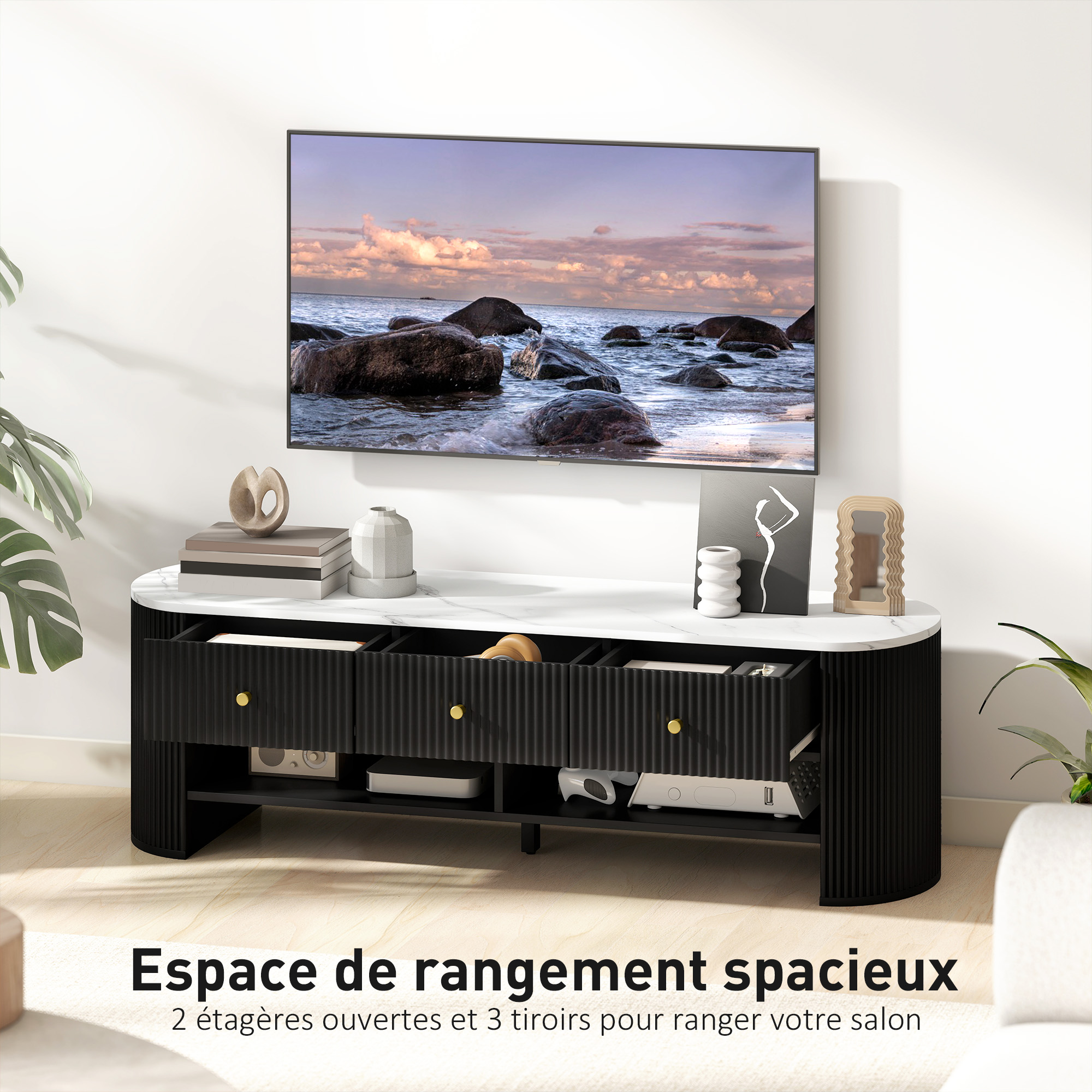 Meuble TV 140 Cm HOMCOM – Effet Marbre, 3 Tiroirs, 2 Étages – Pour TV 32 à 65 Pouces